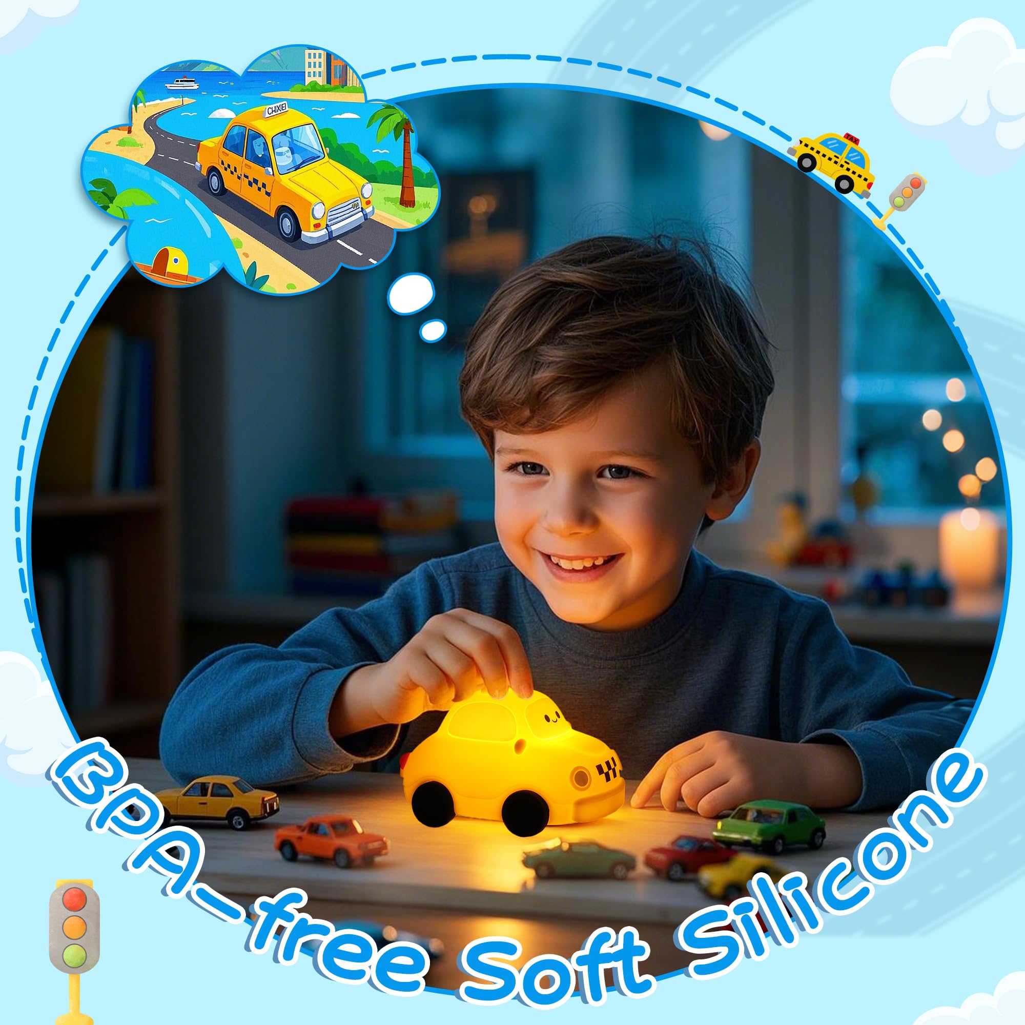 YuanDian Car Night Light, Gifts for Adults Teens and Babies. Decorate Kids Bedroom with Cute Silicone Taxi Toy Nightlights, Chr