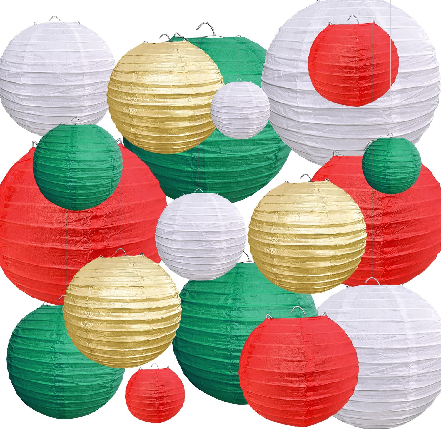 Pheila 18 Pcs Christmas Paper Lantern Set - Red Green White Gold Decor For Parties & Events