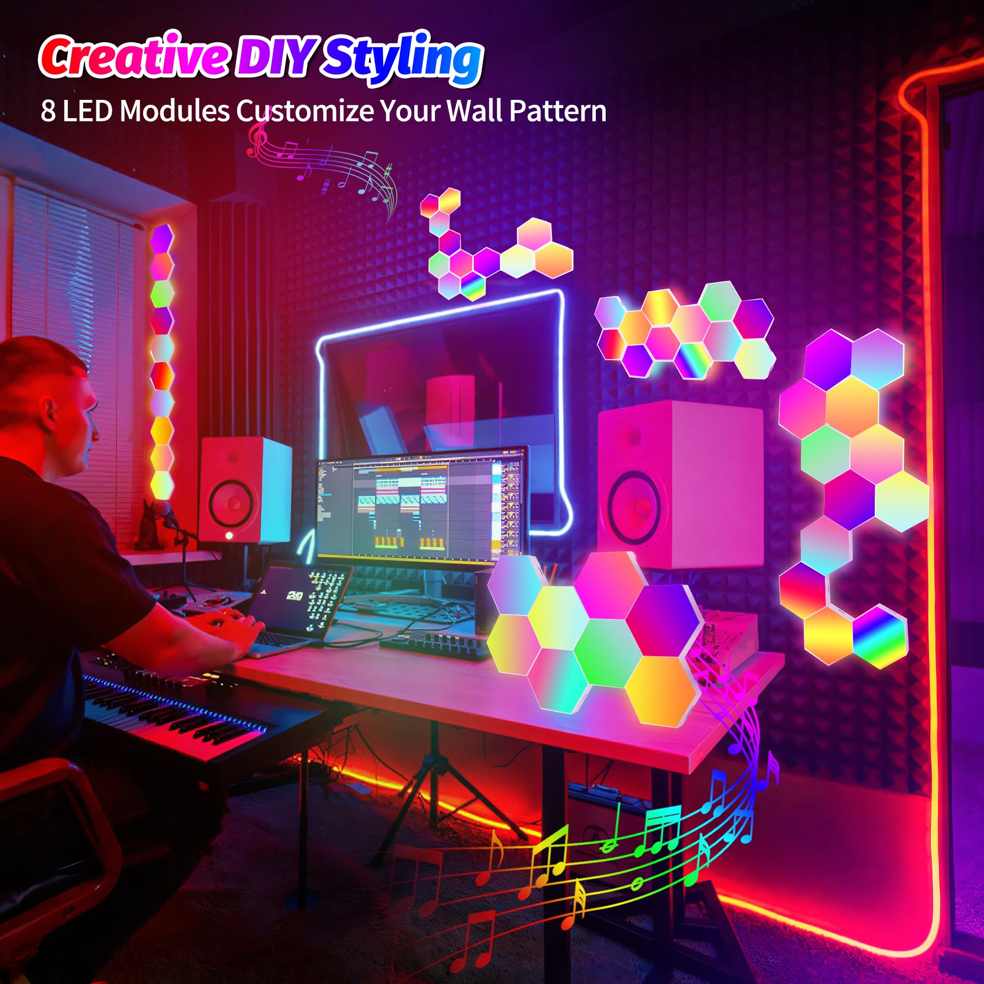 Hervika 12 Pack Diy Hexagon Led Lights, Music Sync Rgb Gaming Lights With App Smart Wall Lights For Bedroom Living Room Decor