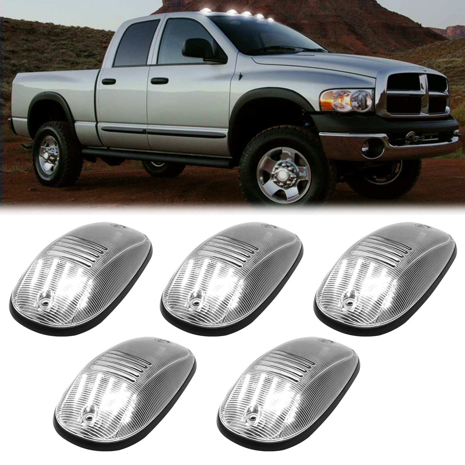 R&F Auto Cab Lights - 5Pcs Clear Lens Roof Marker Lights for Ram 1500 2500 3500 (2003-2018) - White Light, Plastic