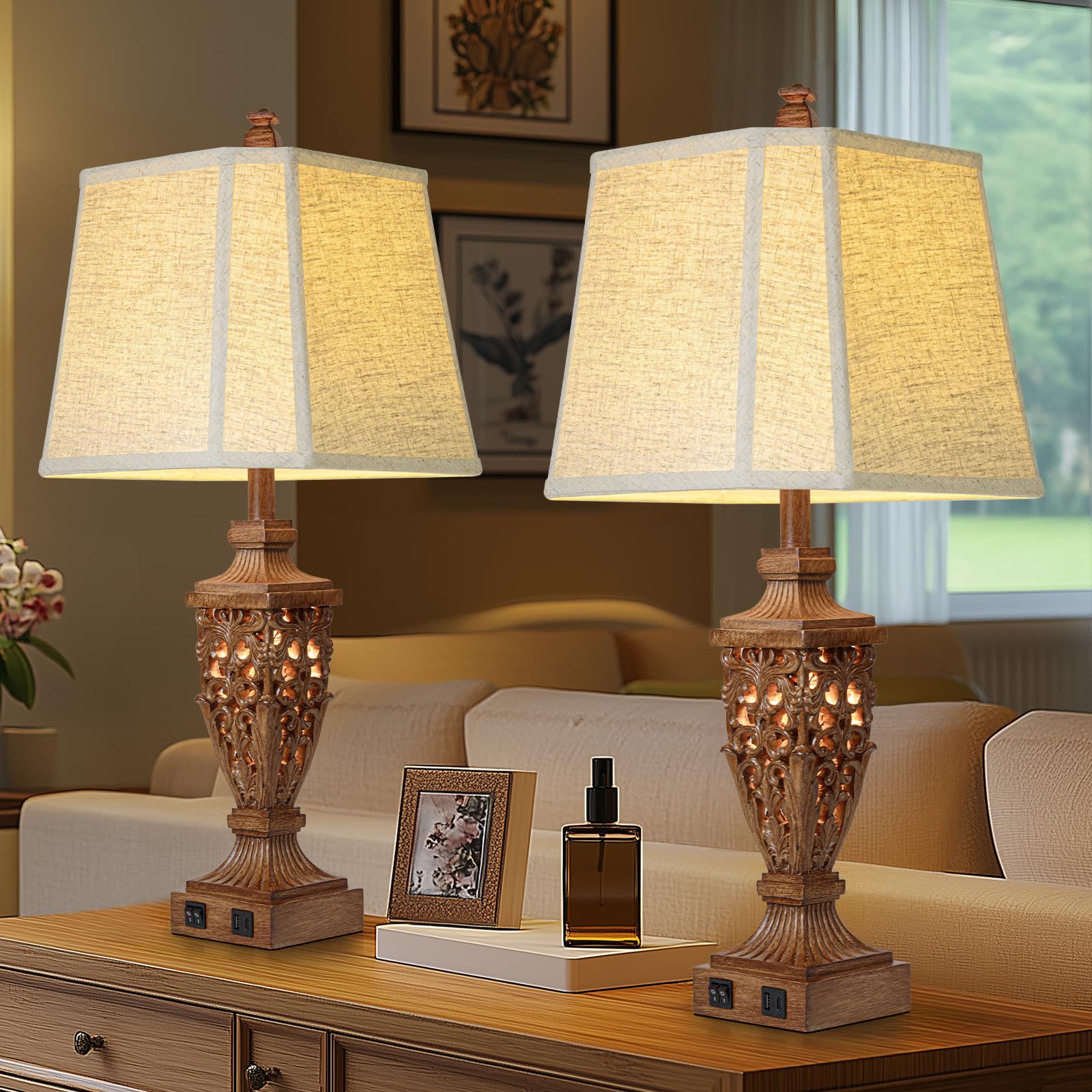 28.5'' Vintage Brown Table Lamps Set Of 2 With Night Light,Lamps For Living Room With Beige Linen Cut Corner Shade,Nightstands L