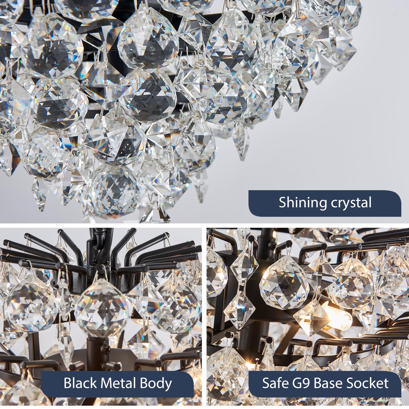 Bestier Black Modern Pendant Chandelier, Crystal Raindrop, D11" x H12", 4 G9 Bulbs, Ceiling Light Fixture for Dining Room, Bathroom, Bedroom, Living Room