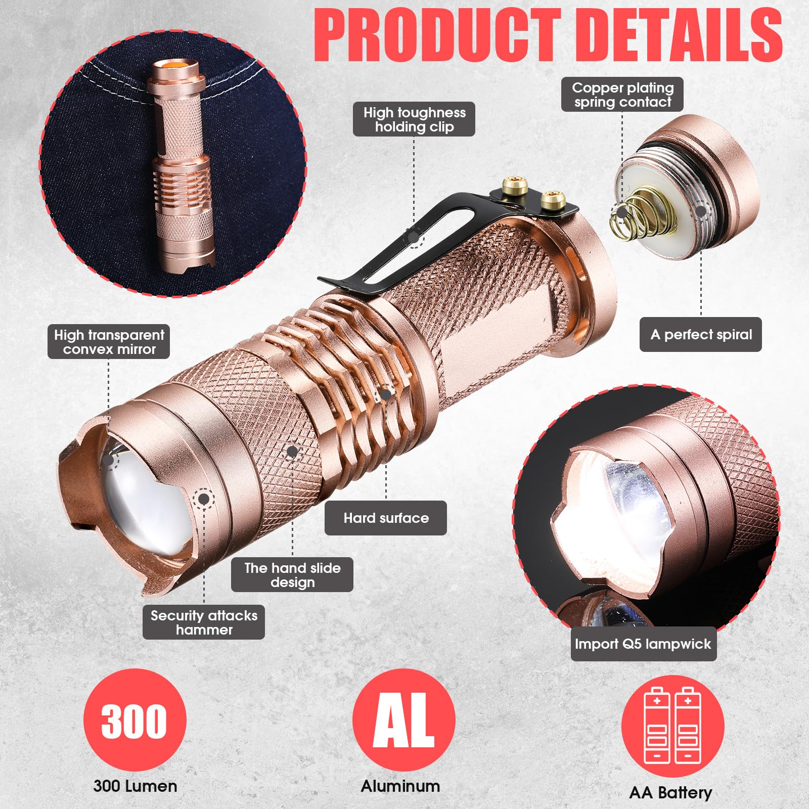 Fumete 20-Piece Mini Led Flashlight Set, 3 Mode Tactical Torch, Water Resistant, Adjustable Focus, Pink