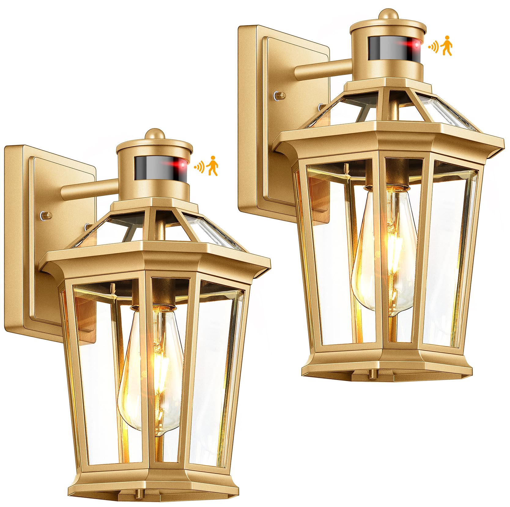 VIANIS Outdoor Wall Lights Lantern, 2 Pack Gold Motion Sensor Proch Light, Dusk to Dawn Weather Resistant Exterior Lights for Ho