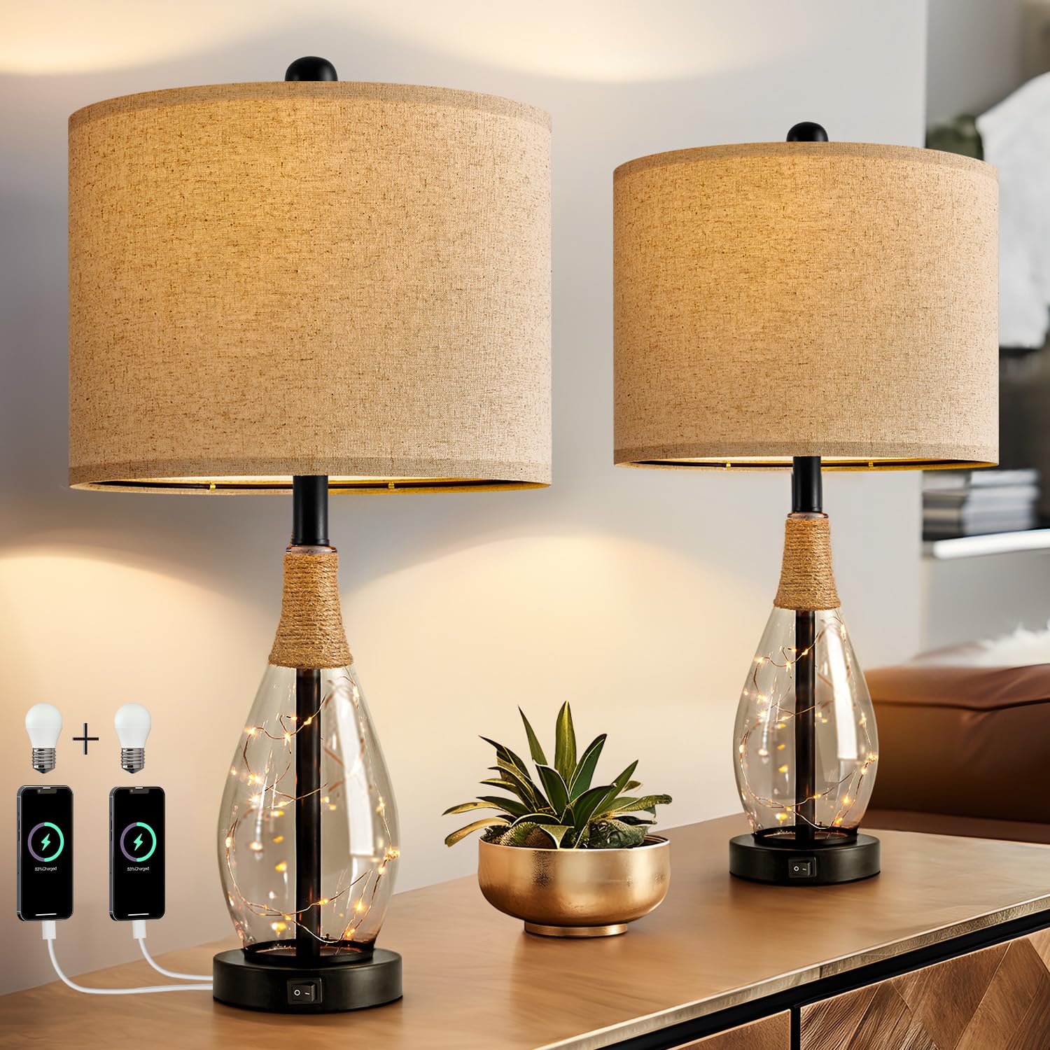 OYEARS 23'' Table Lamps for Living Room Set of 2 Bedside Lamps for Night Stands Bedroom Lamps Farmhouse Rattan Boho Lamp Glass N