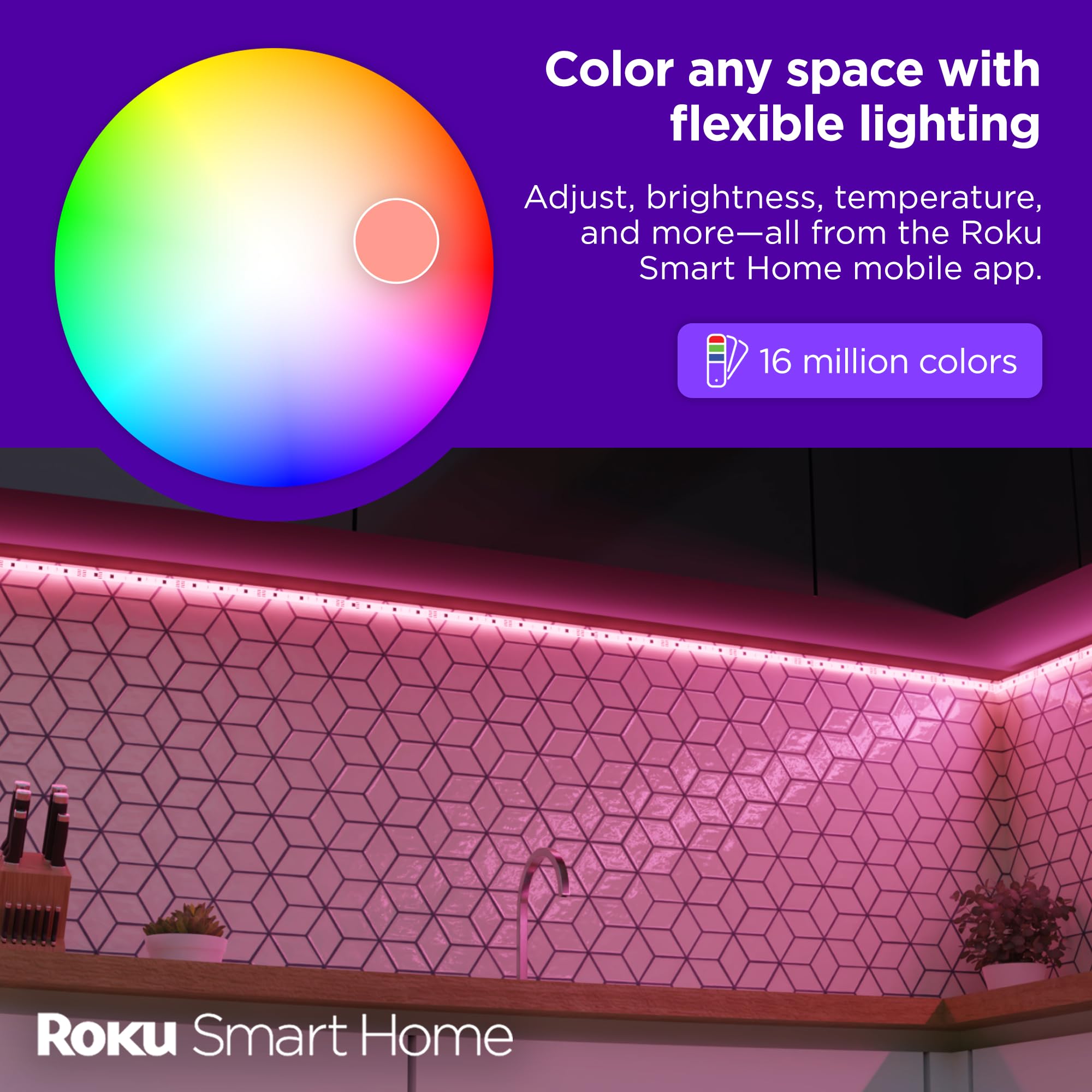 Roku Smart Led Light Strip, 32.8Ft - Color Options With Adjustable Brightness & Temperature - Peel & Stick Wifi Smart Strip Lights Works Voice, Alexa & Google Assistant - Smart Home Products
