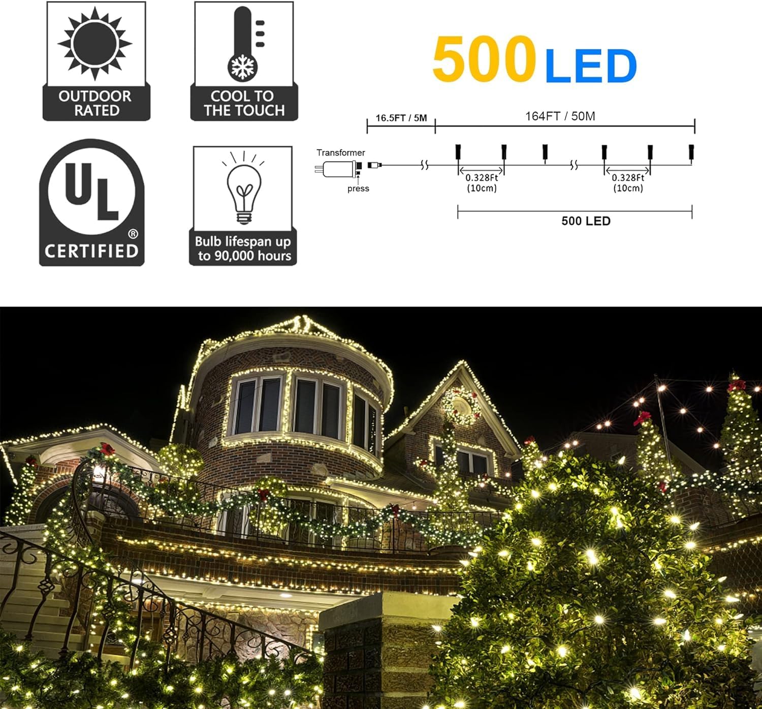 kemooie 500 LED Christmas String Lights, 164FT, Warm White, Green Wire, Waterproof, 8 Lighting Modes, Model HB-500COI