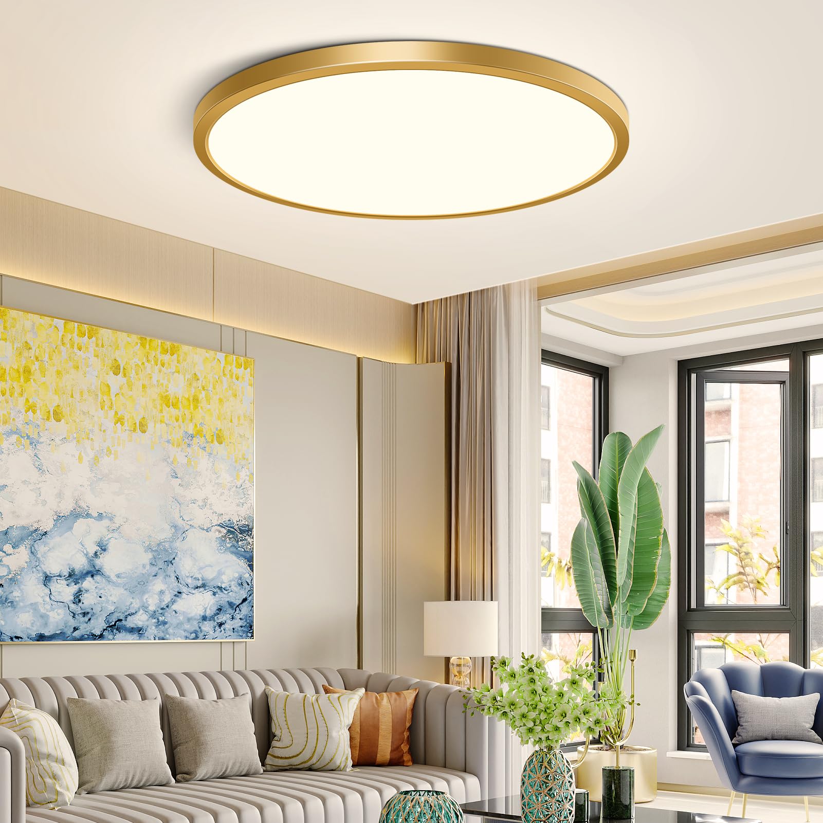 12Inch Gold Flush Mount Ceiling Light Fixture   24W(240W Equivalent)  3200LM  4000K Natural White  IP40  Flat Modern Round LED Ceiling Lights for Bedrooms  Living Rooms  Bathrooms  Stairwells  etc.