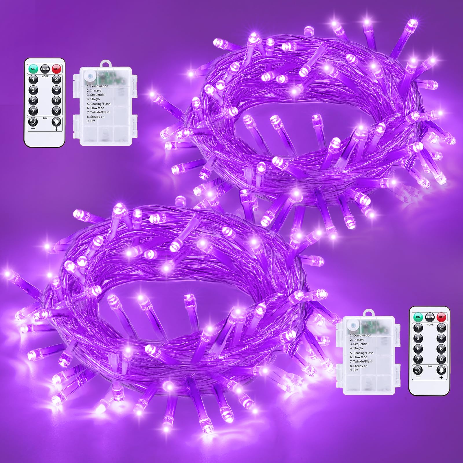 QITONG 2 Pack Battery Operated String Lights, Each 33ft 100 LED Purple Christmas Lights Outdoor Waterproof, 8 Modes Clear Wire T