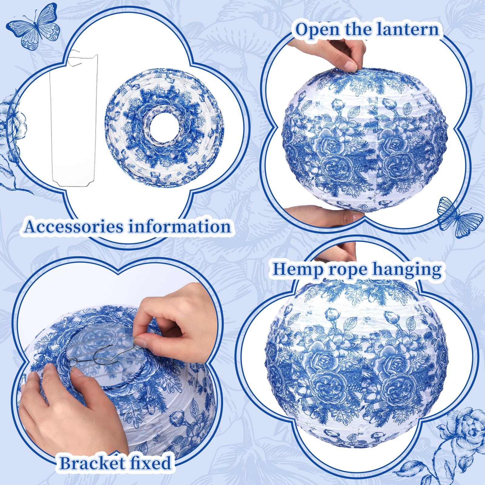 Rossesay 12 Pcs Blue And White Paper Lantern 8 Inch Chinoiserie Lanterns Blue Flower Hanging Lantern Indoor Outdoor Spring Decor