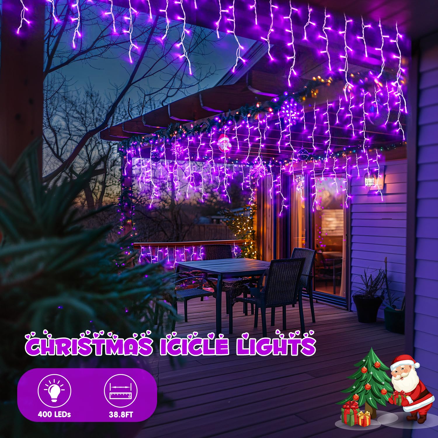 JMEXSUSS Purple Icicle Lights, 400 LED, 33.8 FT, Waterproof, 8 Modes, Model EXS-I-0400, Outdoor Christmas Decorations