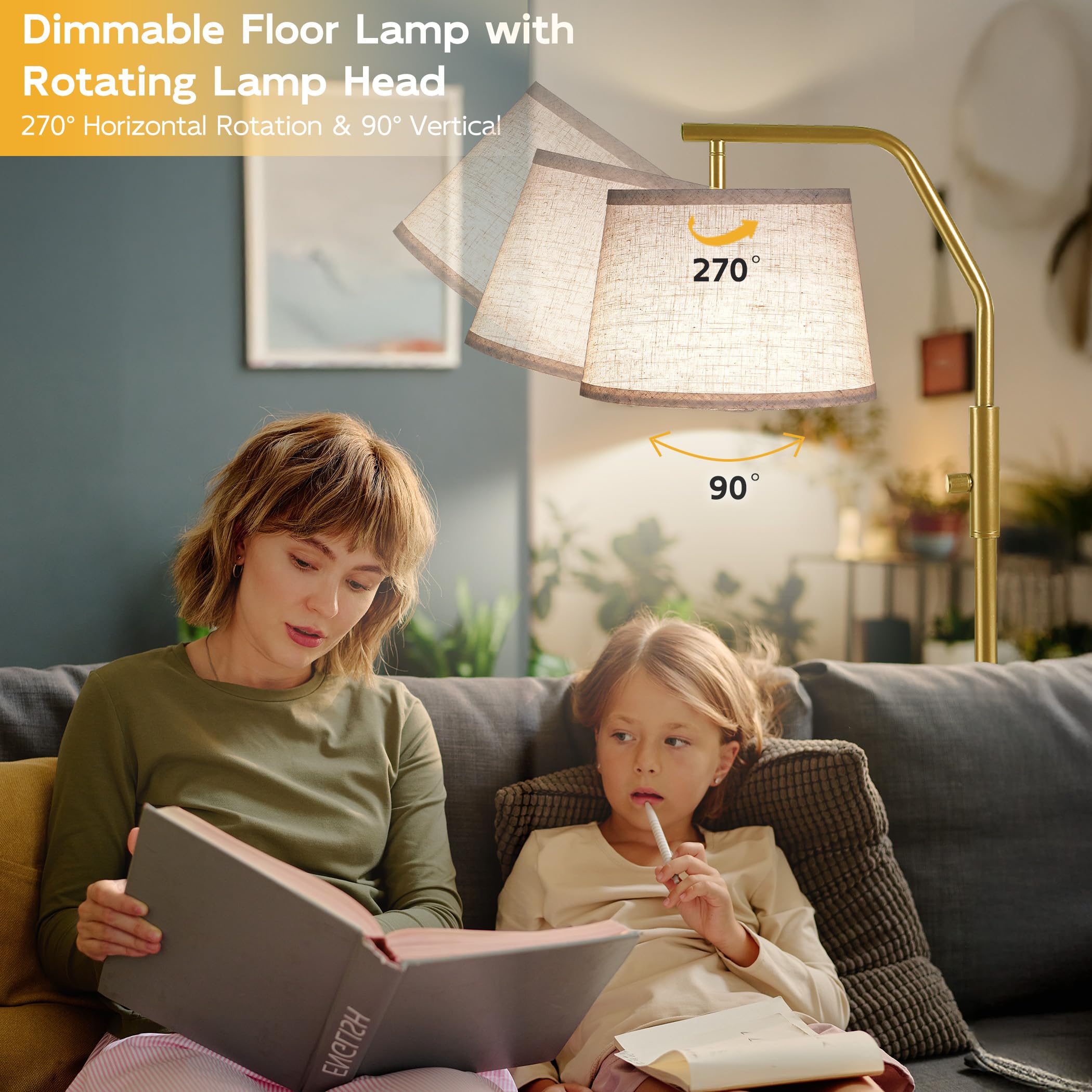 SUNMORY Floor Lamp - 9W Dimmable Metal Standing Lamp, Tall Gold, Model SR000148 for Living Room, Bedroom, Office, Nursery