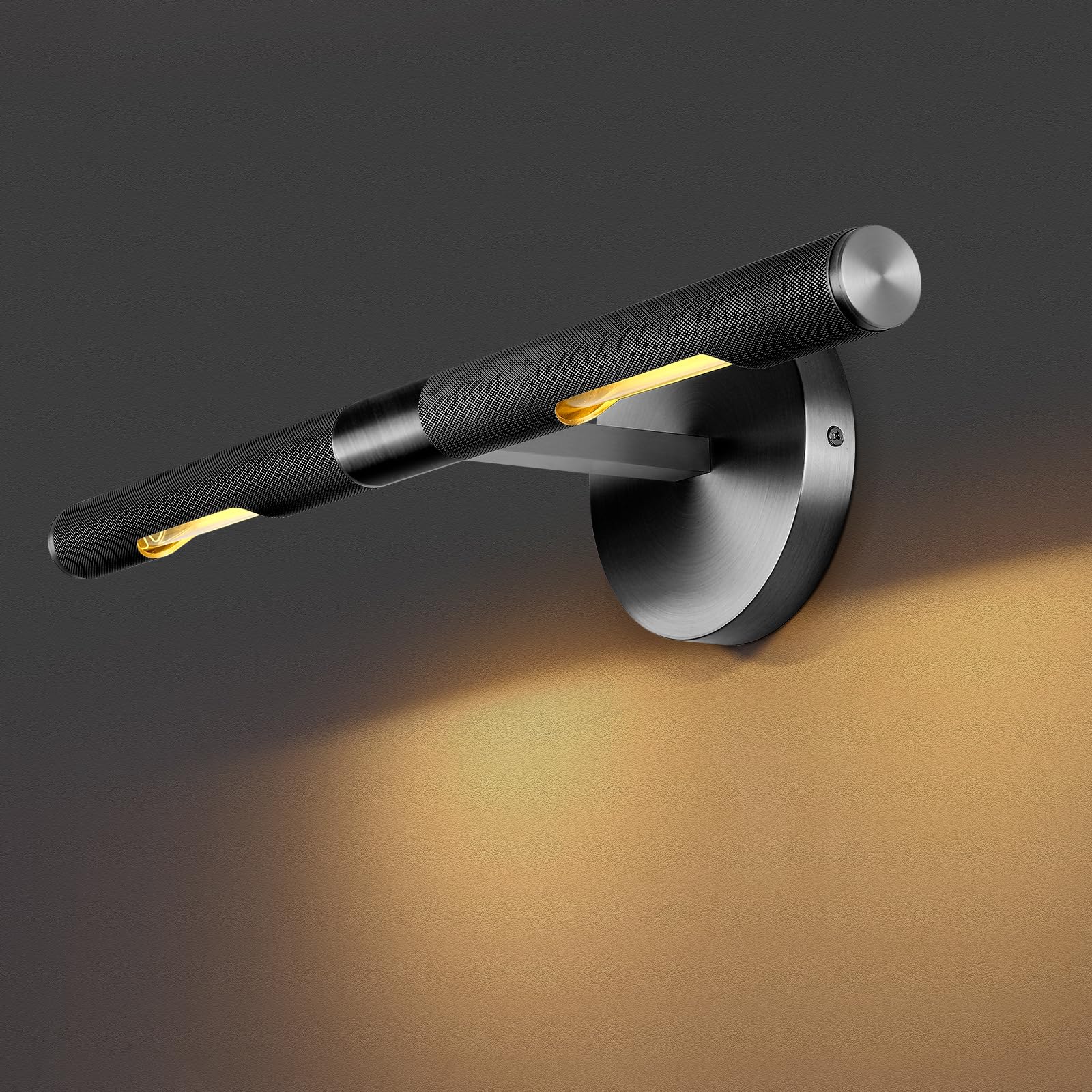 Knurldon Hardwired Black Brass 19'' Knurled Picture Light, Dimmable Rotatable 360Picture Light For Wall, Vanity Light, Gallery W