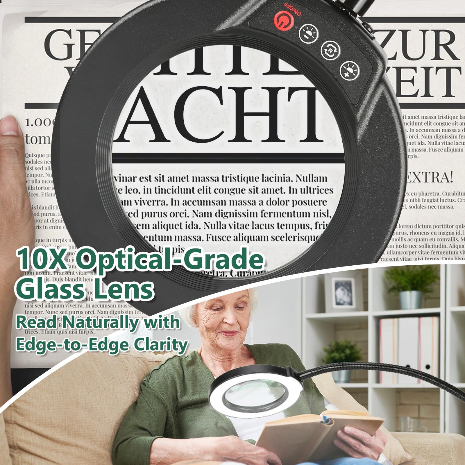 Seylae 10X Magnifying Glass with Light, 24in Gooseneck LED Floor Lamp, Optical Glass Lens, Black, Model BLFG609E01ES