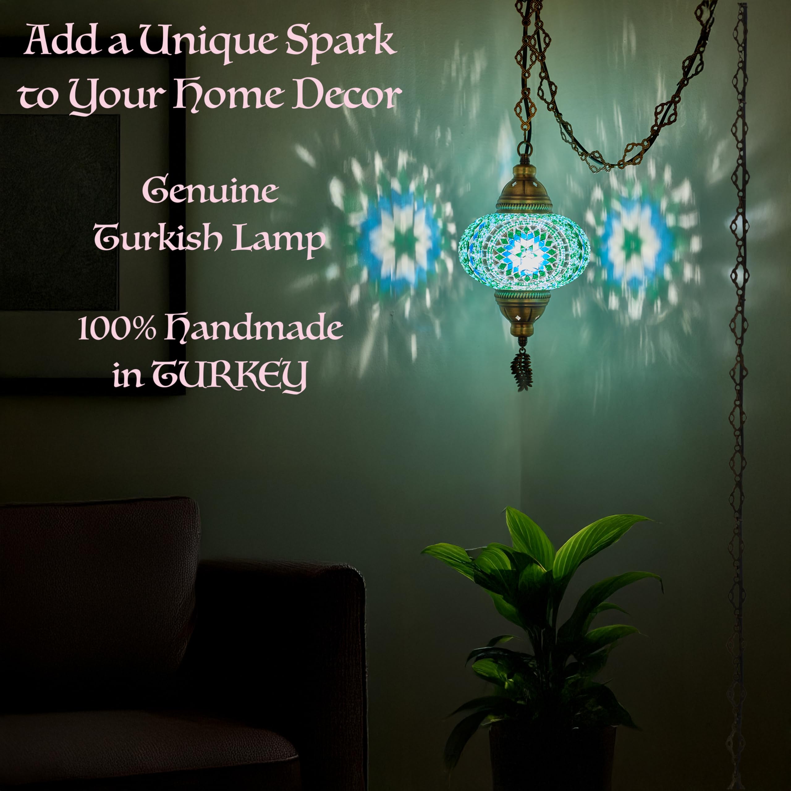Demmex Plug-In Turkish Moroccan Mosaic Hanging Pendant Ceiling Light - Swag Lamp Fixture With 15Ft Cord & Chain, Handcrafted Gla