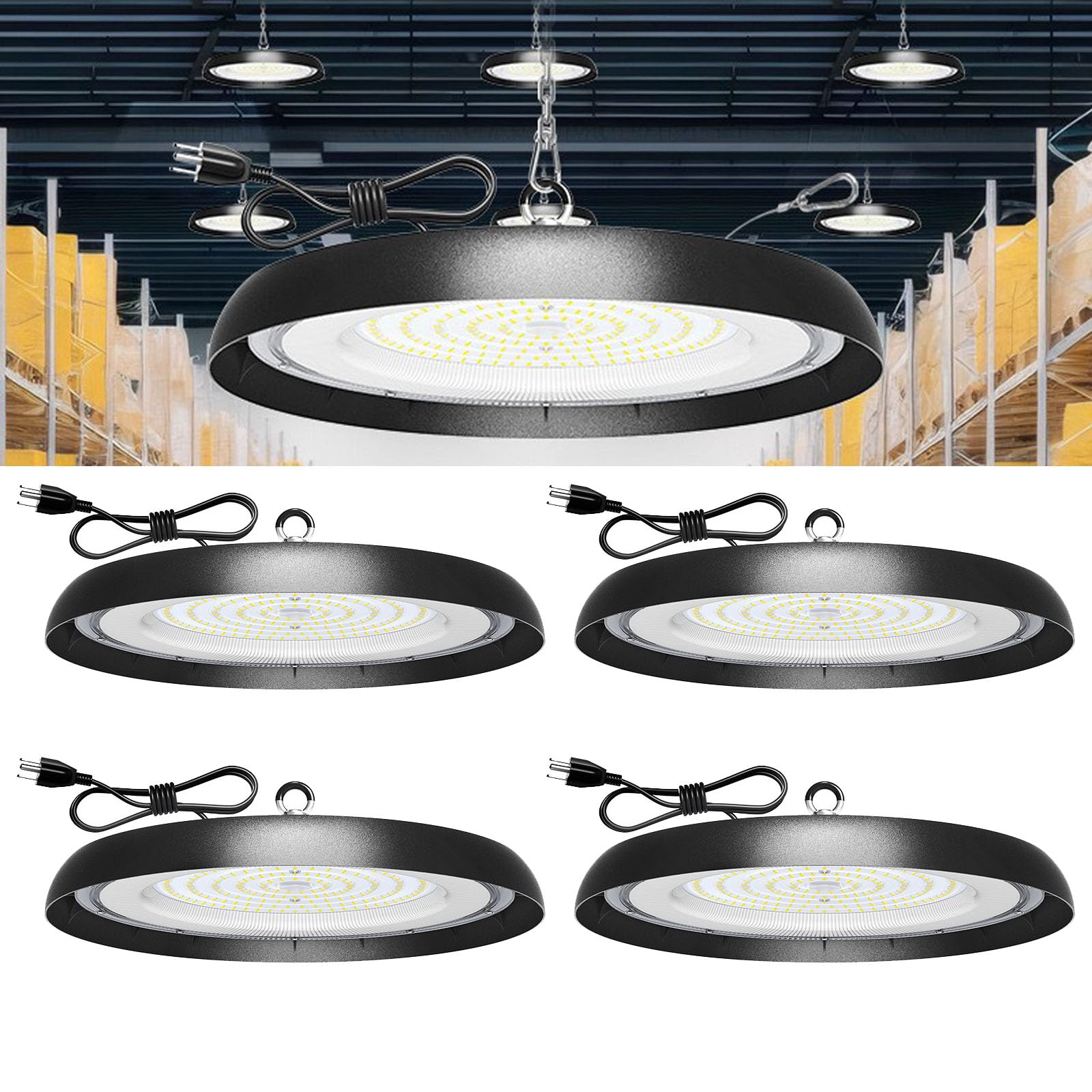 GMximo 300W 4-Pack UFO LED High Bay Light, 33000lm, 6000K, Plastic, Ideal for Garage & Warehouse Lighting