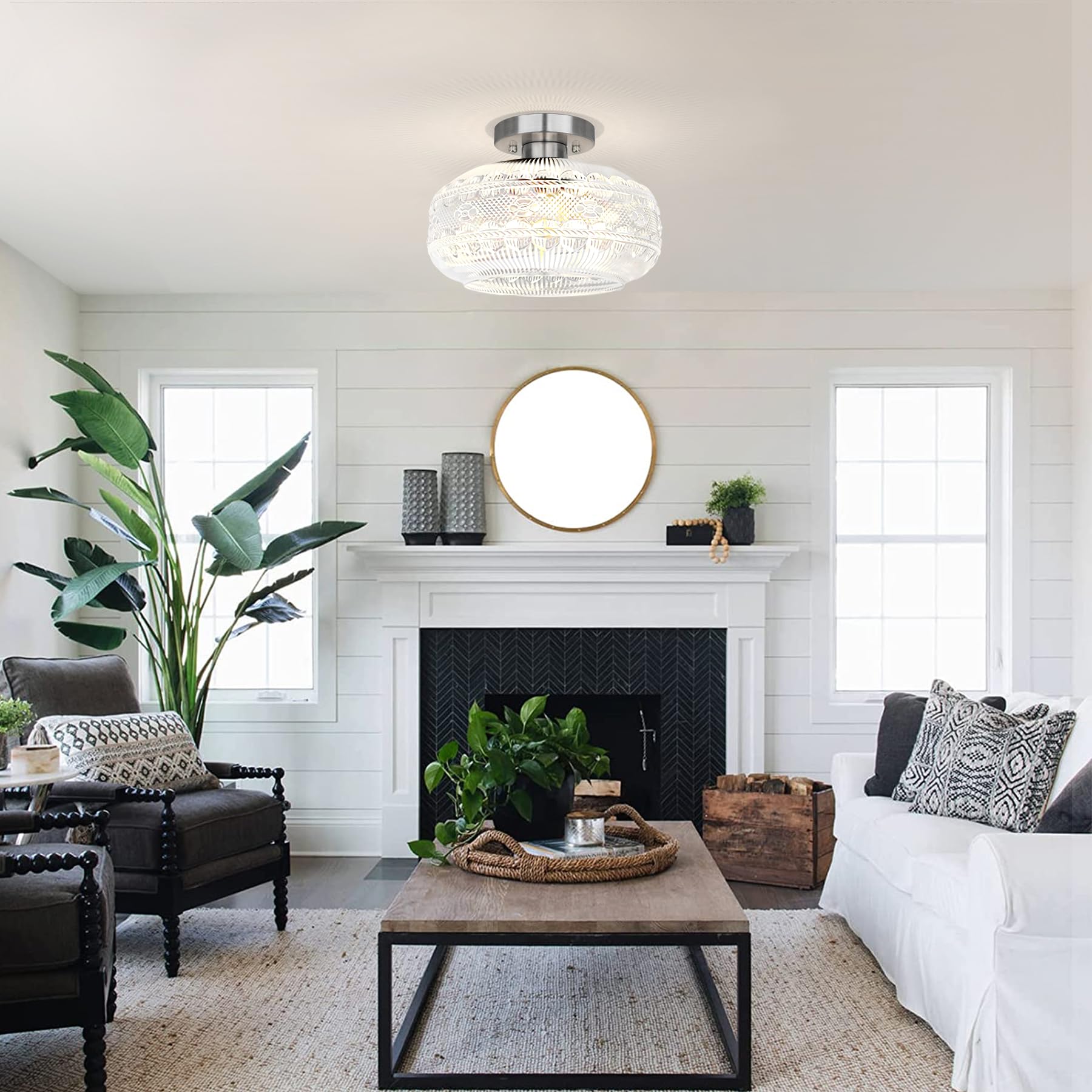 Semi Flush Mount Ceiling Light Fixture,Brushed Nickel Hallway Lights,Globe Glass Light Fixture Ceiling,Industrial Kitchen Lights