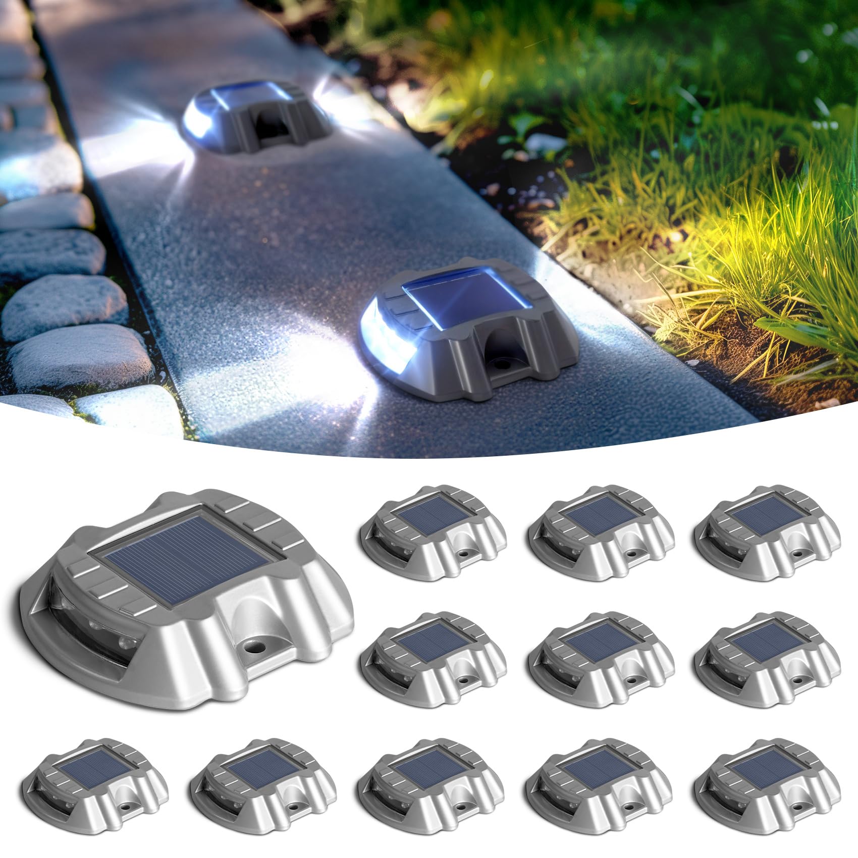 PASAMIC Solar Powered Driveway Lights LED 12 Pack, Aluminum, IP65 Waterproof, White, Model 60A-P-12