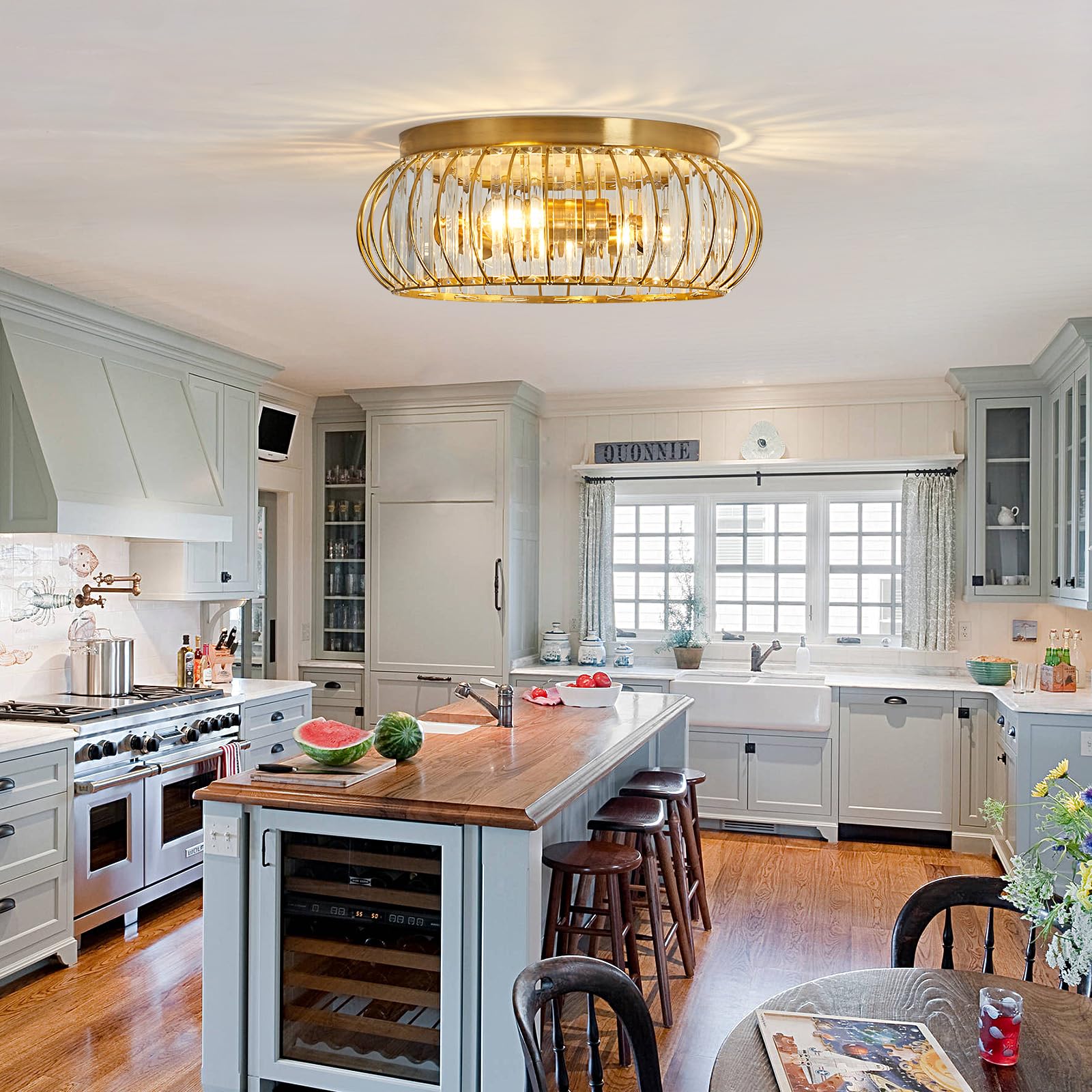 Yyjlx Gold Crystal Flush Mount Ceiling Light Fixture - Modern 3-Light Chandelier For Home