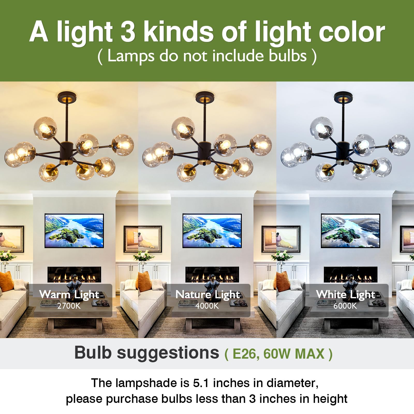 Szxykeji 8-Light Black Chandelier With Glass Globes, Vintage Sputnik Ceiling Light Fixture