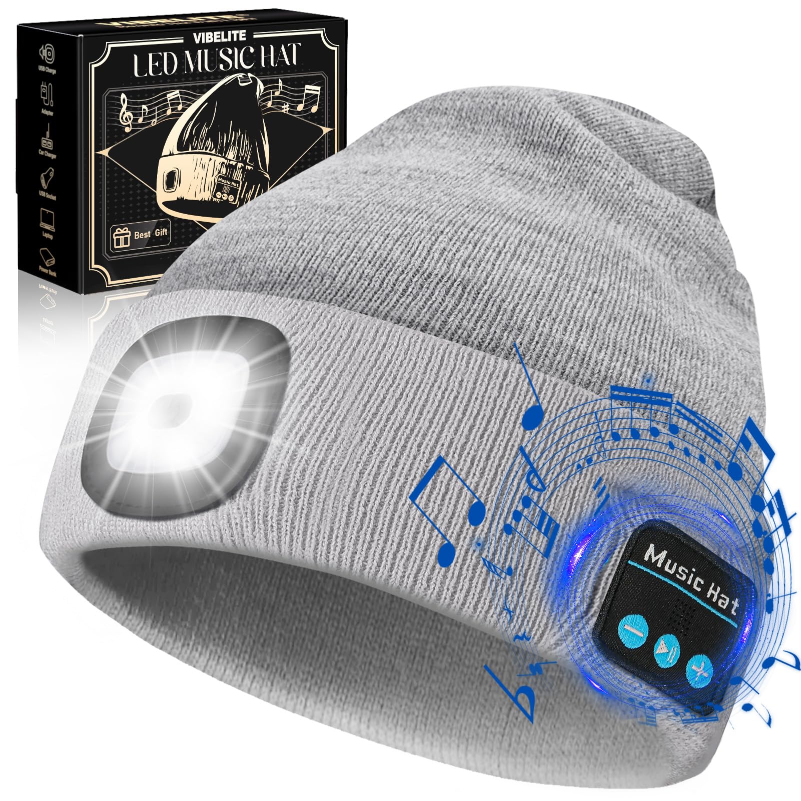 Vibhigh-standard Bluetooth Beanie Hat With Light  Usb Rechargeable Led Headlamp With Wireless Headphones  Christmas Gifts Stocking Stuffers For Men  Teen Boys  Him  Husband  Boyfriend  Grey