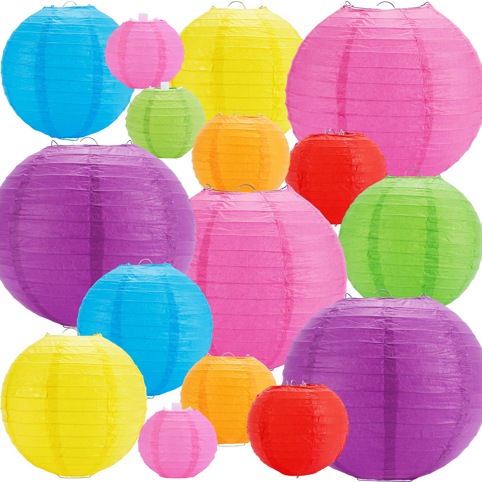 Zjhai 16 Pcs Colorful Paper Lanterns - Multi-Color Hanging Decorations For Party, Wedding, Home (Sizes: 4, 6, 8, 10 In)