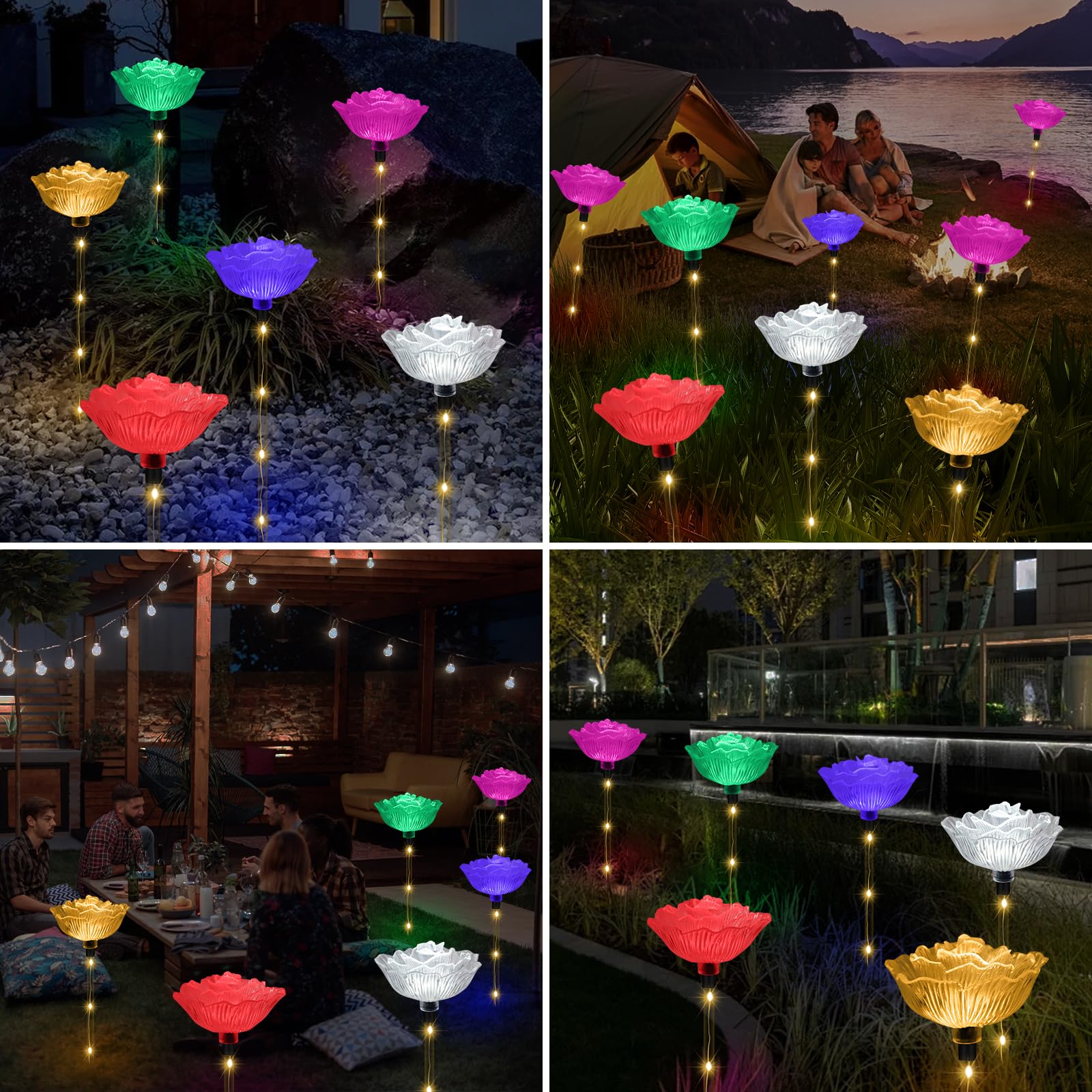 Behiller 6-Pack Solar Garden Lights, Waterproof Multicolor Rose Flower Decor For Christmas & Gifts