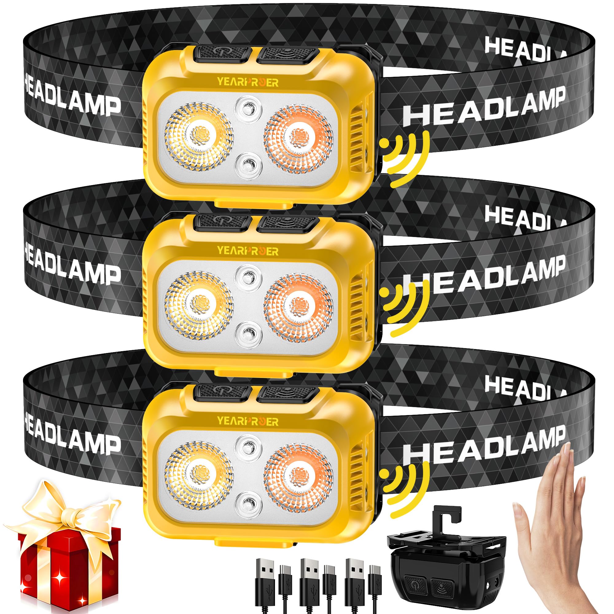 3pcs Lightweight Motion Sensor Red Light Headlamp, 3000 Lux 11 Kinds Modes Energy Saving IPX6 Waterproof Head Lamp, Adjustable H