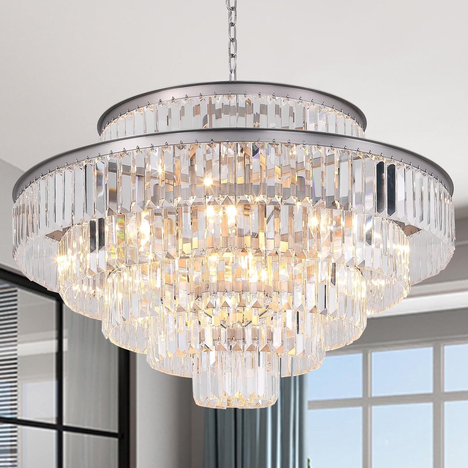 GMlixin Crystal Chandeliers Modern Round Chandeliers for Dining Room Living Room Bedroom Entryway 7-Tier 17-Lights Nickel