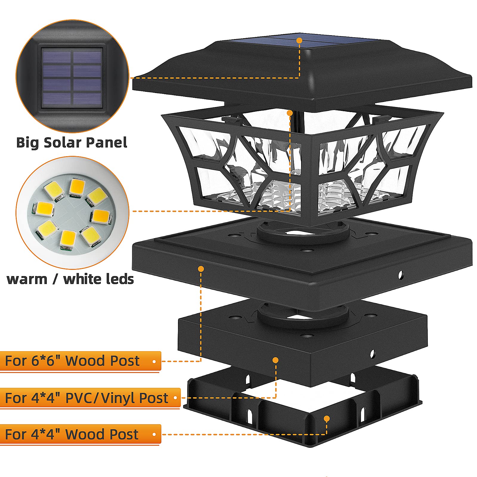 APONUO Solar Lighted Post Caps, 4x4 & 6x6, 2 Color Modes, Waterproof, Black, 8 Pack, Model M002-B8, Plastic