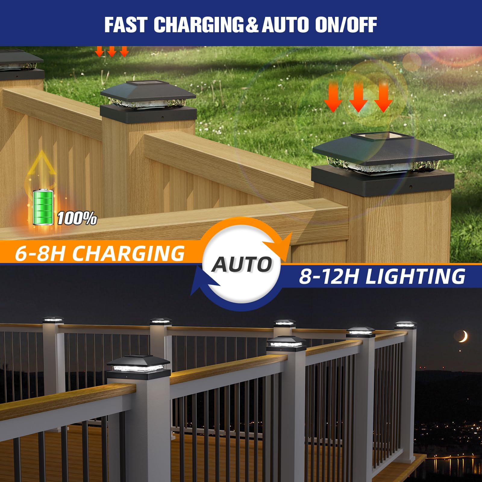 APONUO Solar Post Cap Lights, 8 Pack Black LED, IP64 Waterproof, Easy Install for 4x4 Posts - Deck, Fence, Patio Lighting