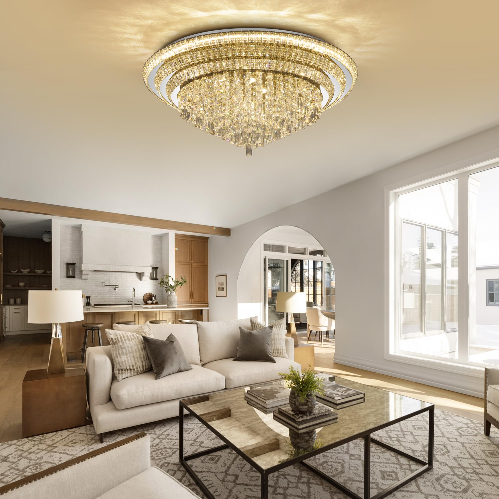 40 inch Crystal Silver Ceiling-Light Flush Mount with Remote Control and APP, 3CCT Dimmable & Brightness Adjustable, Modern Crys