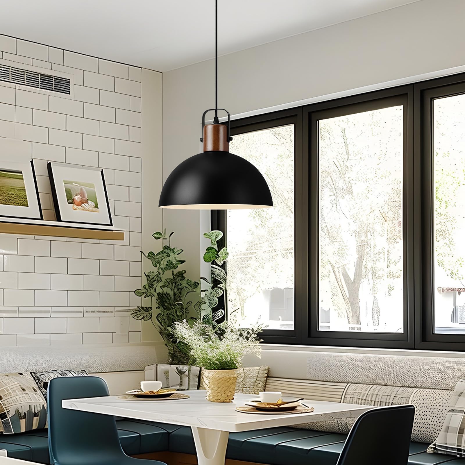Eustace 11.8'' Wood And Metal Black Pendant Light Fixtures, Modern Farmhouse Pendant Lamp, Industrial Dome Hanging Lights For Ki