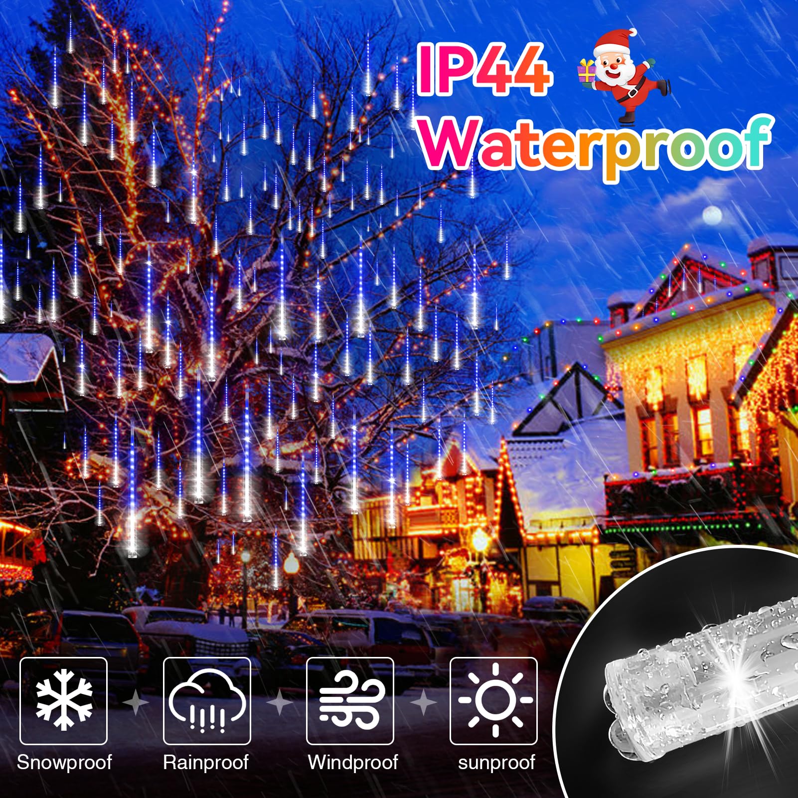 KNONEW LED Meteor Shower Lights, 40 Tubes, Waterproof, Blue/White, Model KN-1000-LIG168-01, for Xmas Tree, Wedding, Party, Garden Decor