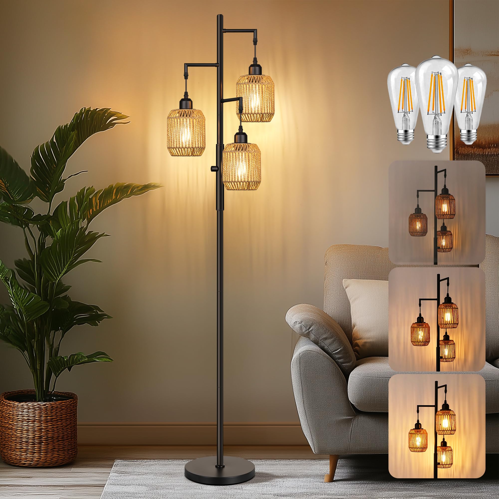 ROTTOGOON Dimmable Floor Lamp - 3 Light Rattan Design, 68in, Black/Brown Shades, Model ROFP107AB1