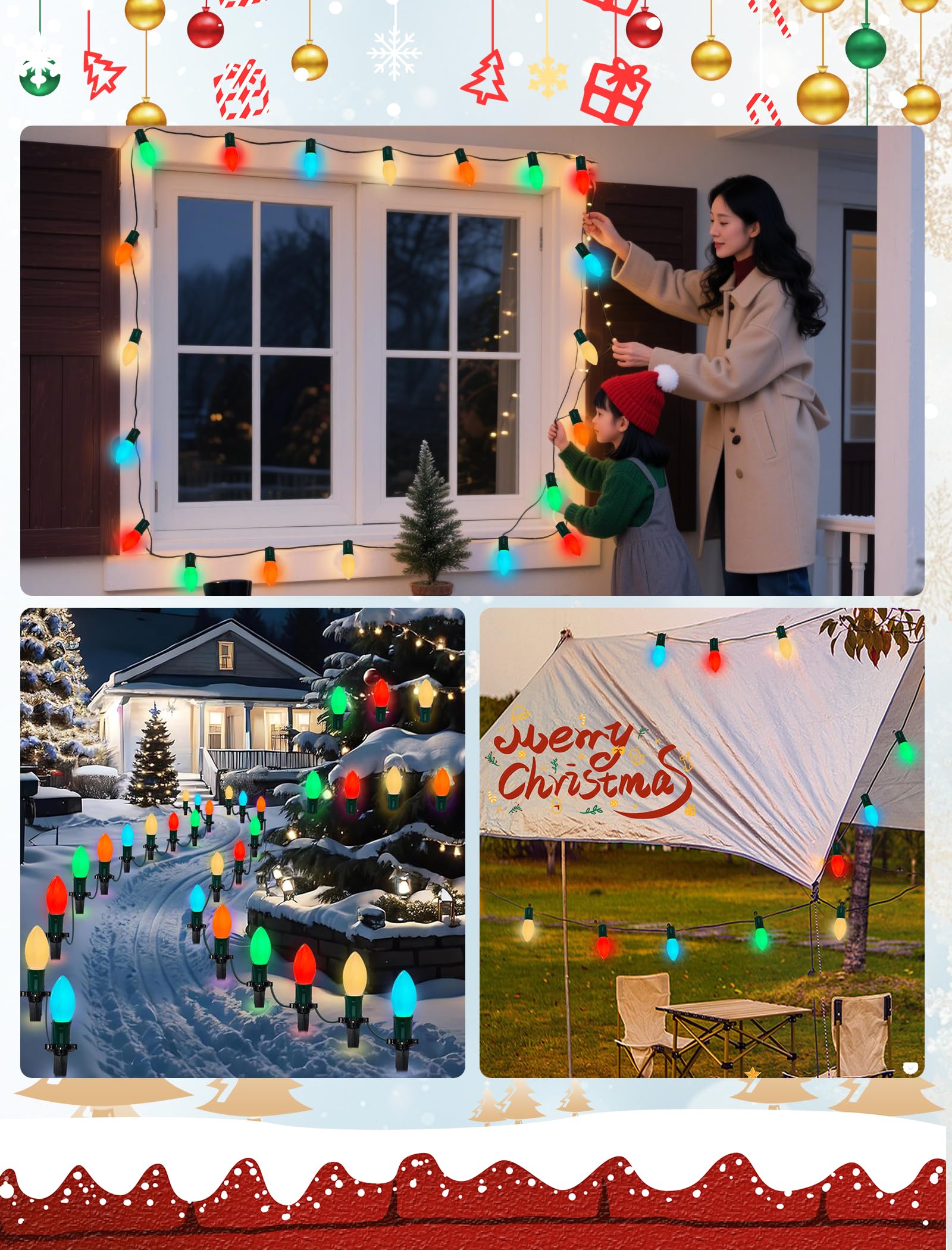 C9 Led Multicolor Christmas Lights Outdoor  25Ft C9 Vintage Christmas Lights Waterproof With 26 Led Colorful Bulbs  Outdoor Christmas Decorations String Lights For Patio Garden Roofline Holiday Party