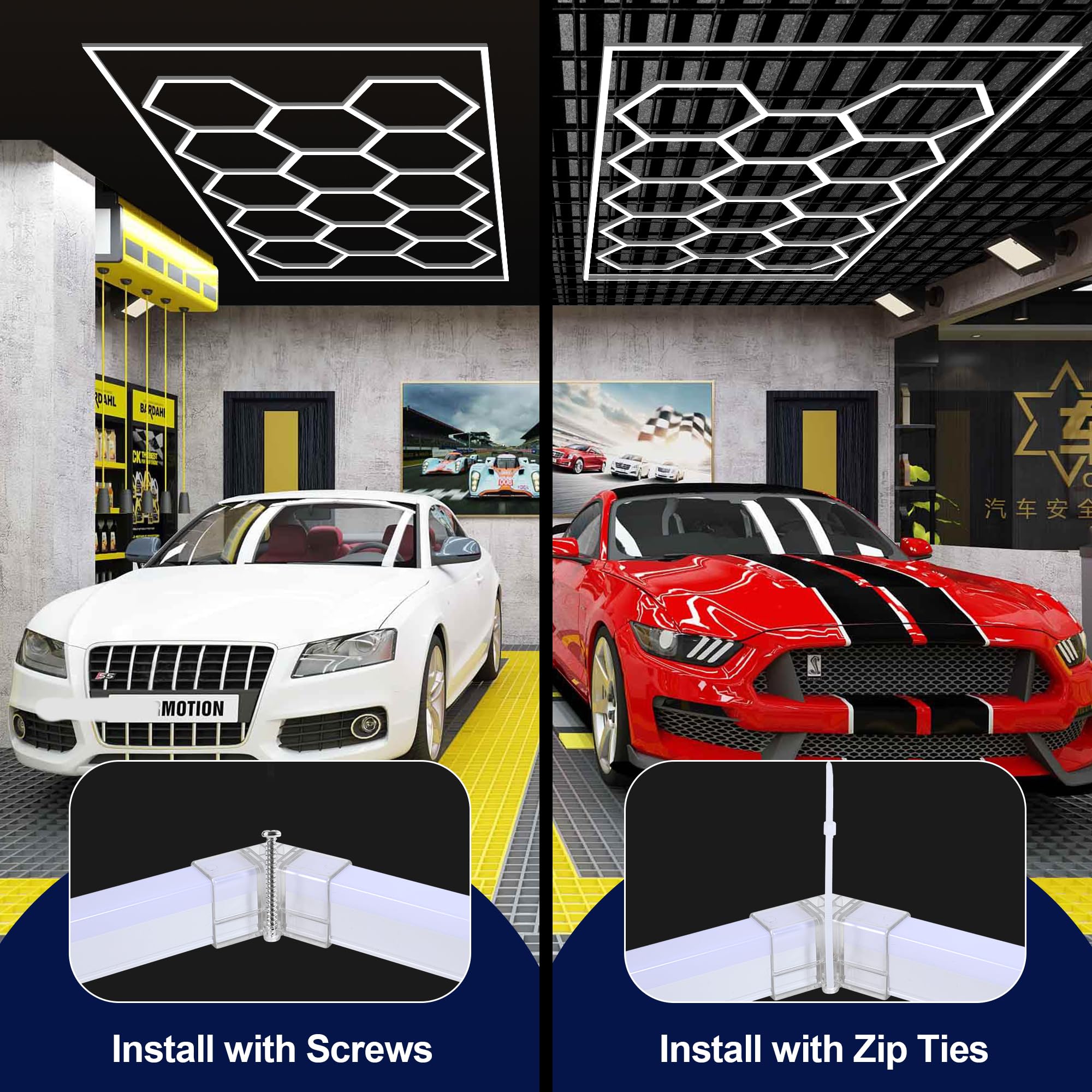 MODERN Hexagon Lights Garage 14 Grid Systems 86400LM 720W Polycarbonate White 190.2inL x 95.7inW x 1.4inH Model NEW-DK