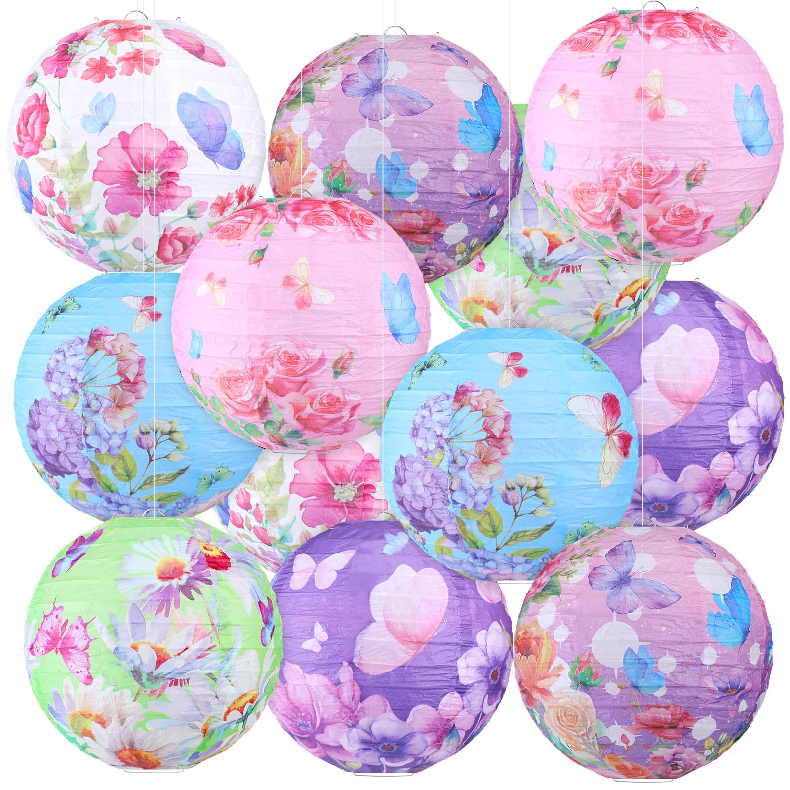 Panelee 12 Pcs Butterfly Floral Paper Lanterns Party Decorations 8 Inches Hanging Round Pink Purple Flower Paper Lanterns For Su