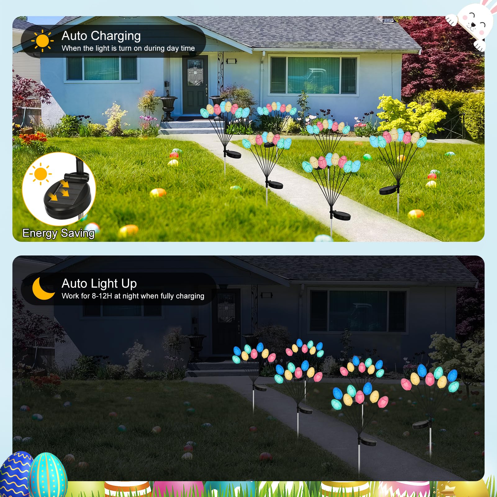 echosari 4 Pack Solar Easter Egg Lights - Waterproof Colorful Garden Decor - Pink, Blue, Yellow, Green - Model S01-ES-4P-Easter-S-LED8