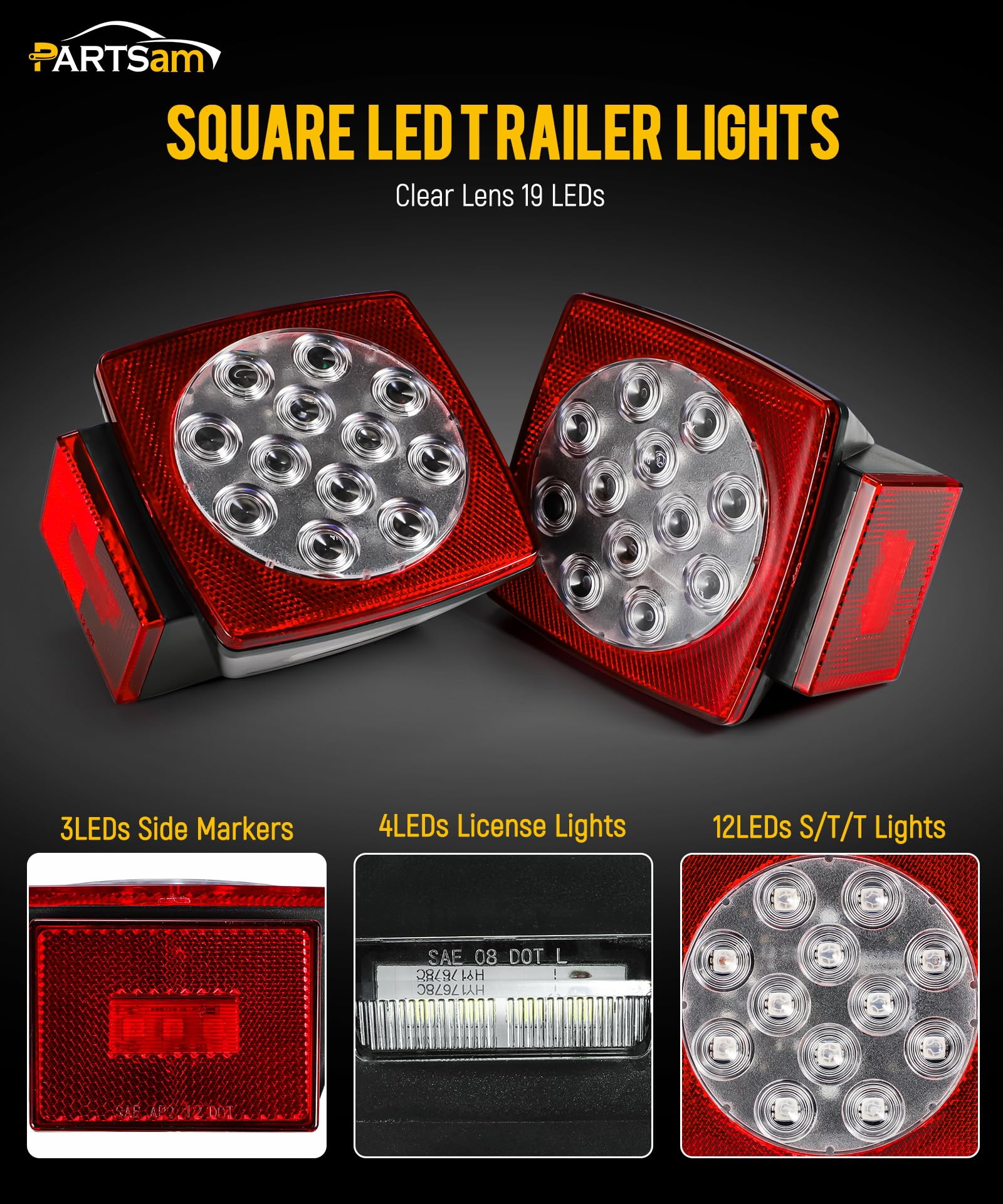 Partsam 12V Submersible Square Led Trailer Lights, Red White Led Stop Turn Tail License Side Marker Running Light Lamp For Trail