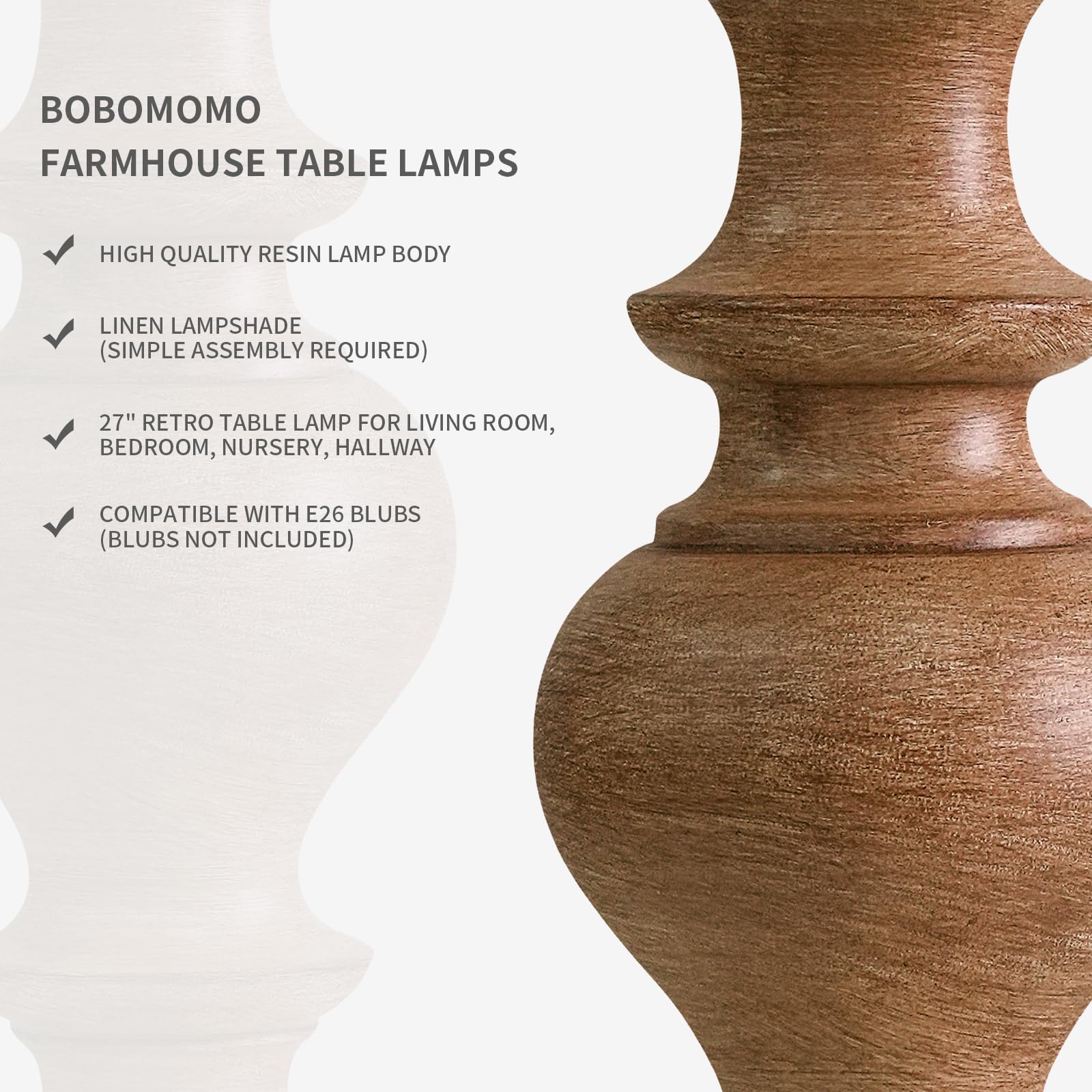 Bobomomo 27  Light Brown Table Lamps Set Of 2  Large Farmhouse Resin Lamps With Linen Shades  Rustic Vintage Lamps For Living Room  Bedroom  Console Table Or Entryway Home Lighting