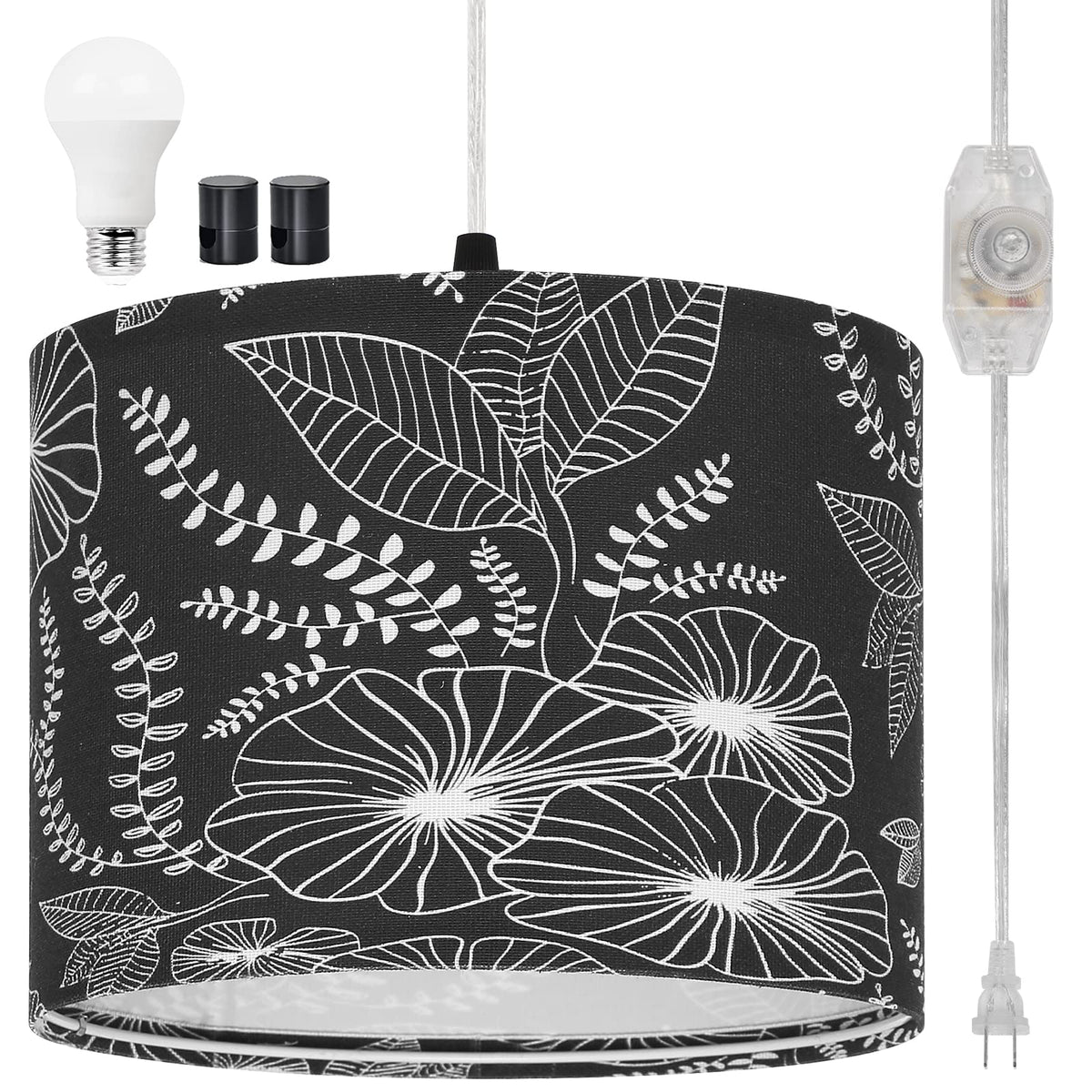 Cinsary Plug In Pendant Light, Hanging Light With Plug In Cord With Dimmable Switch, Hanging Lamp With 15 Ft Clear Cord, Black P
