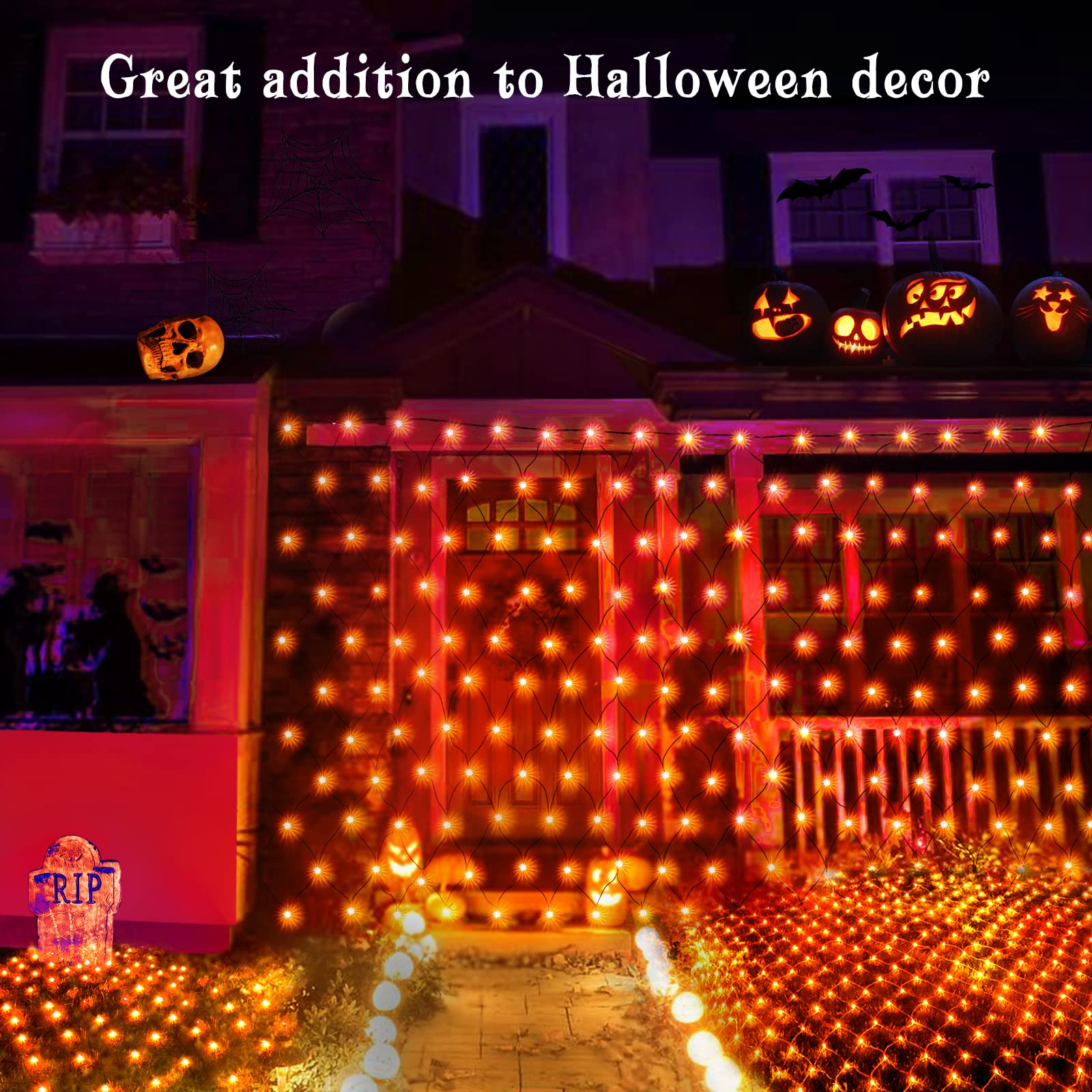 BlcTec Halloween Net Lights, 200 LED, 8.2ft x 4.9ft, Waterproof, Orange, Connectable, Energy-Saving, Green Wire Design