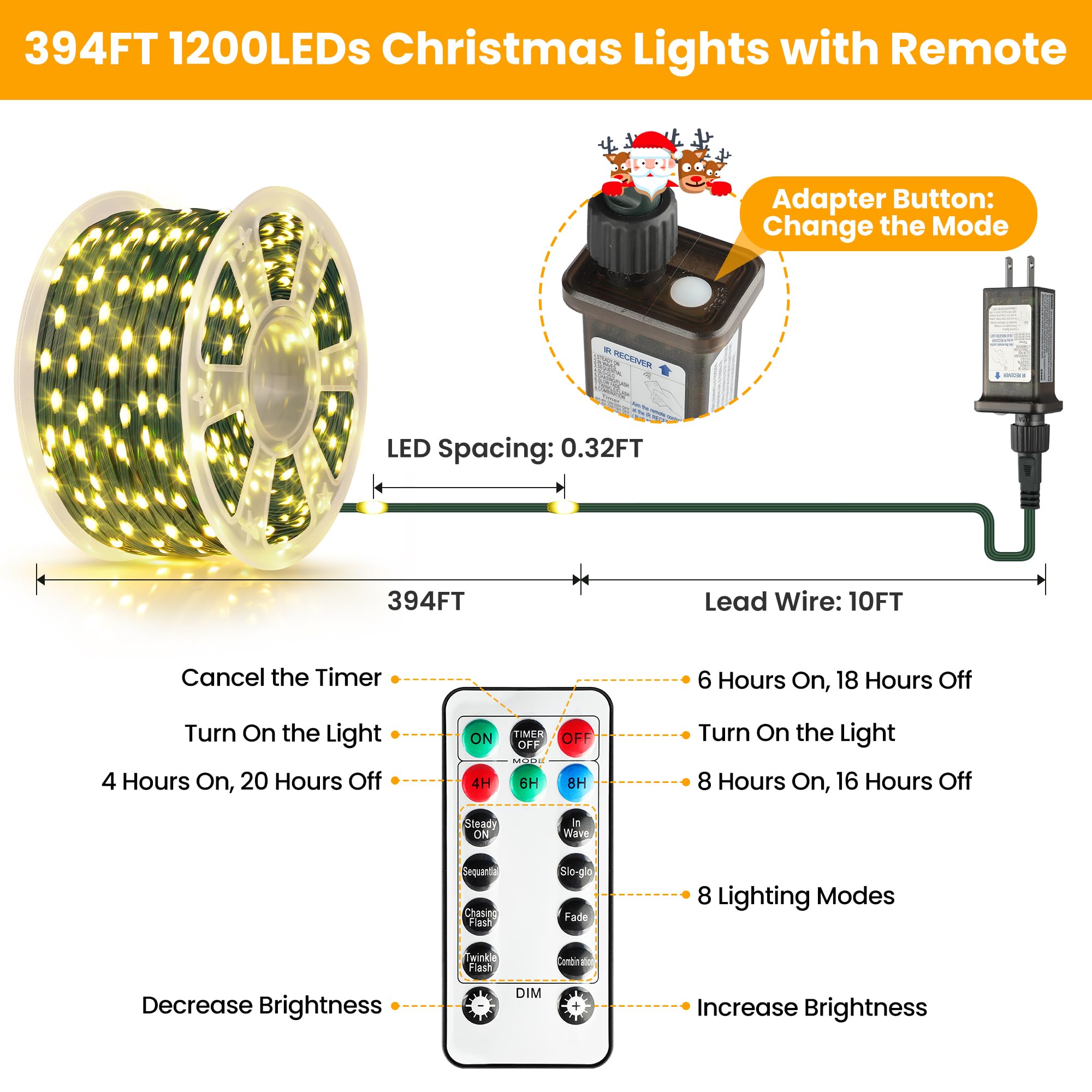 Larkvue 394FT LED String Lights - Waterproof, Dimmable, 8 Modes, Warm White, Model JT-EL/FC, with Remote & Timer Function