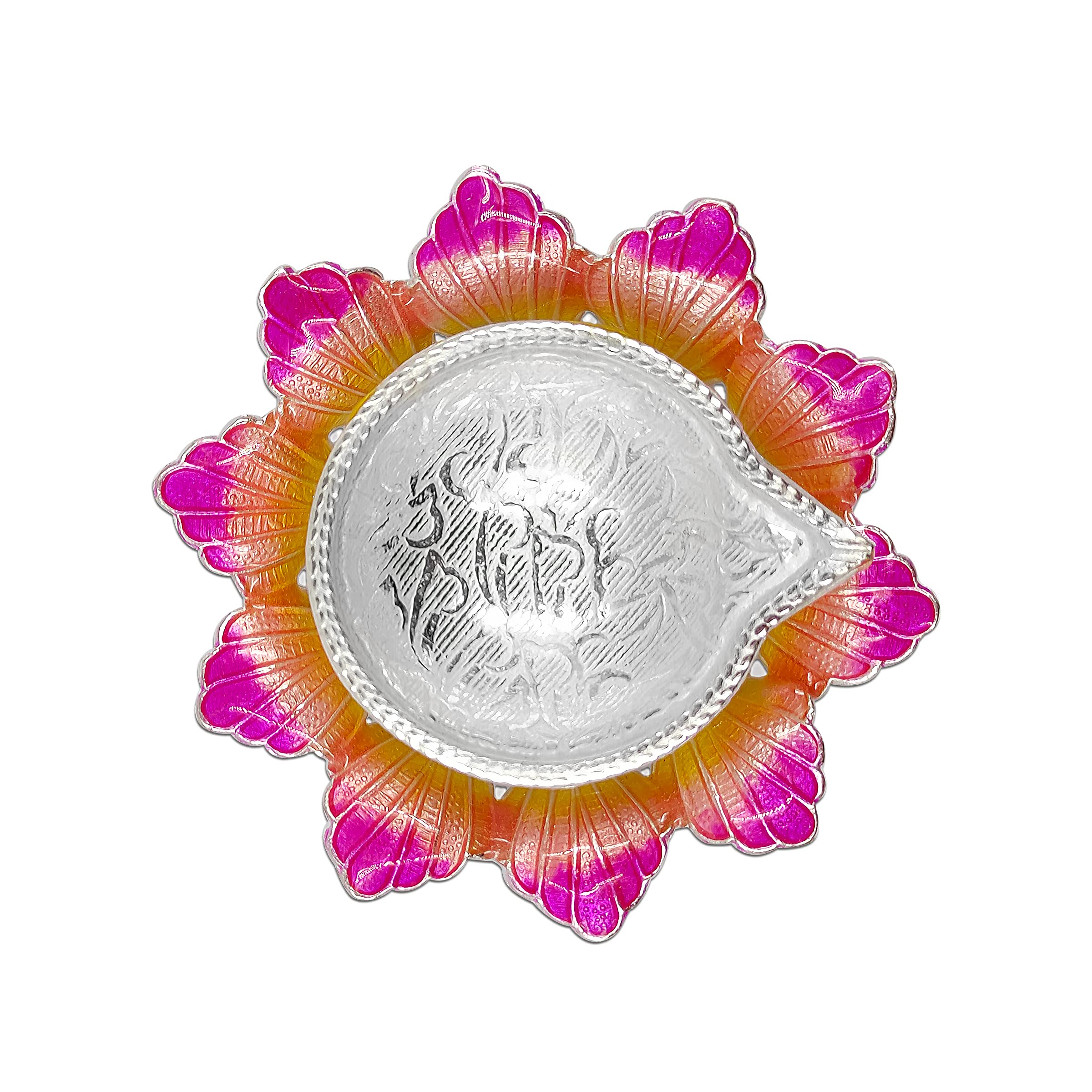 MAA SILVER Diya/Lamp/Deepak with Yellowish Pink Flower Shape Base Perfect for Gift and Pooja Purpose (20 Grams Silver)