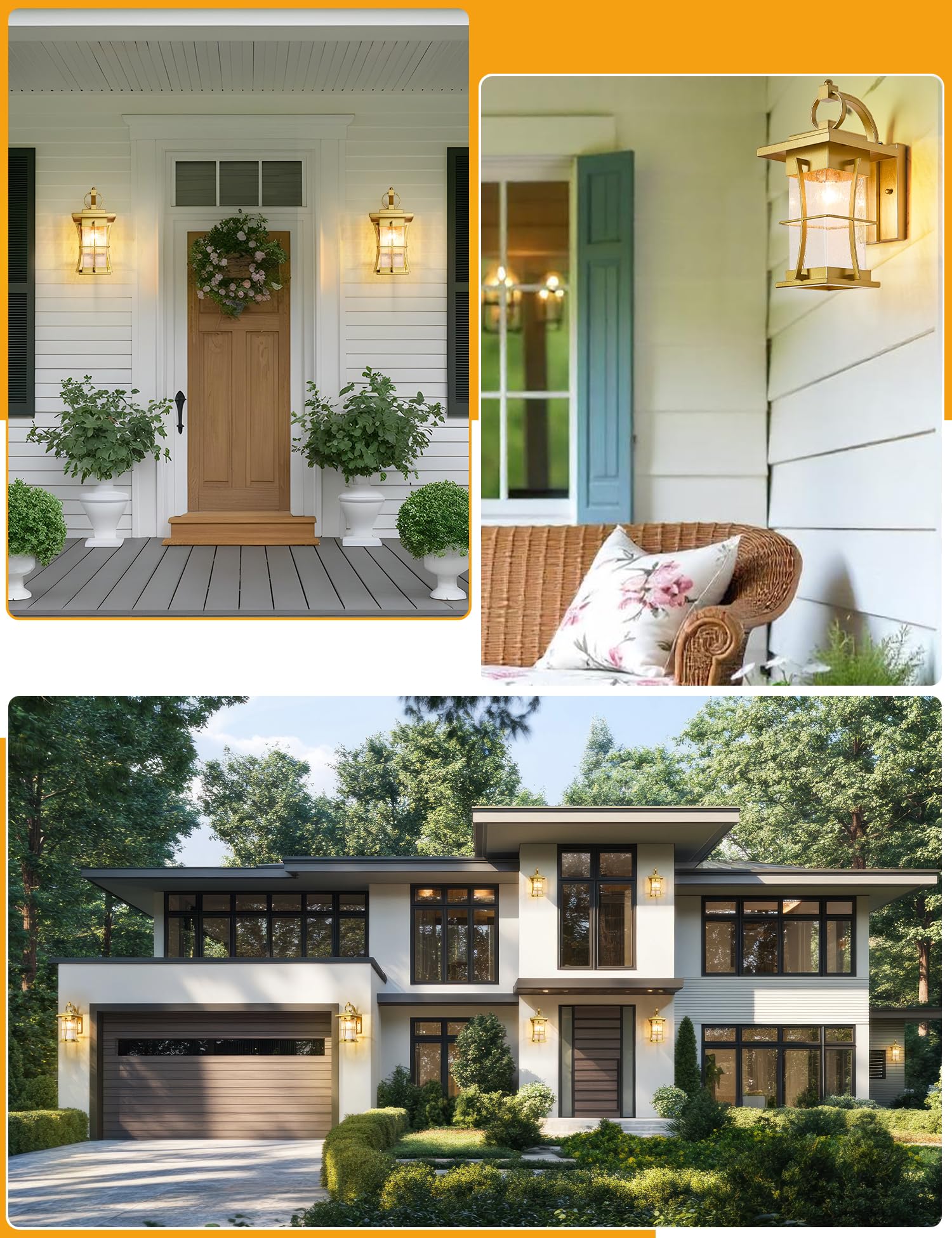 EERU Gold Outdoor Wall Lantern with Photocell Sensor, Large Metal Sconce, Waterproof, Seeded Glass for House, Patio, Garage