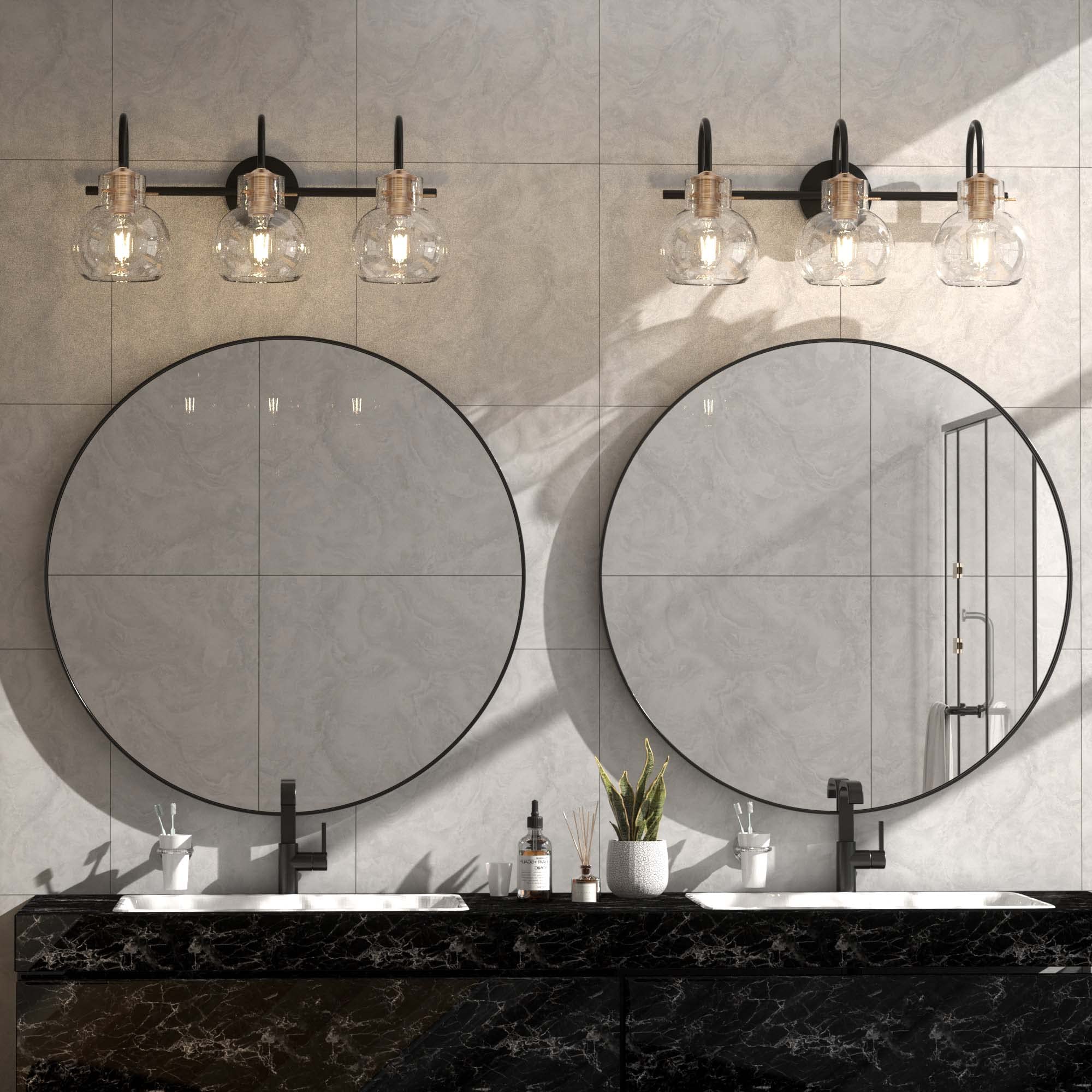 PAIHOME Bathroom Light Fixtures 3-Light Vanity Light, Black & Copper, Metal, 21-Inch, Globe Glass Shade, Model 2109-BG