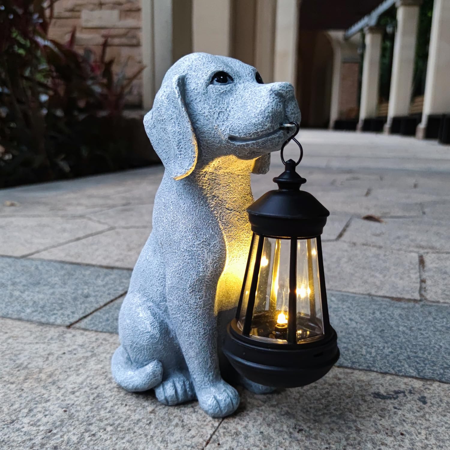 Dog Solar Garden Statues,Resin Dog Figurine Decorations with Solar Lights Lantern, Outdoor Decor Art for Lawn,Yard,Unique Housew