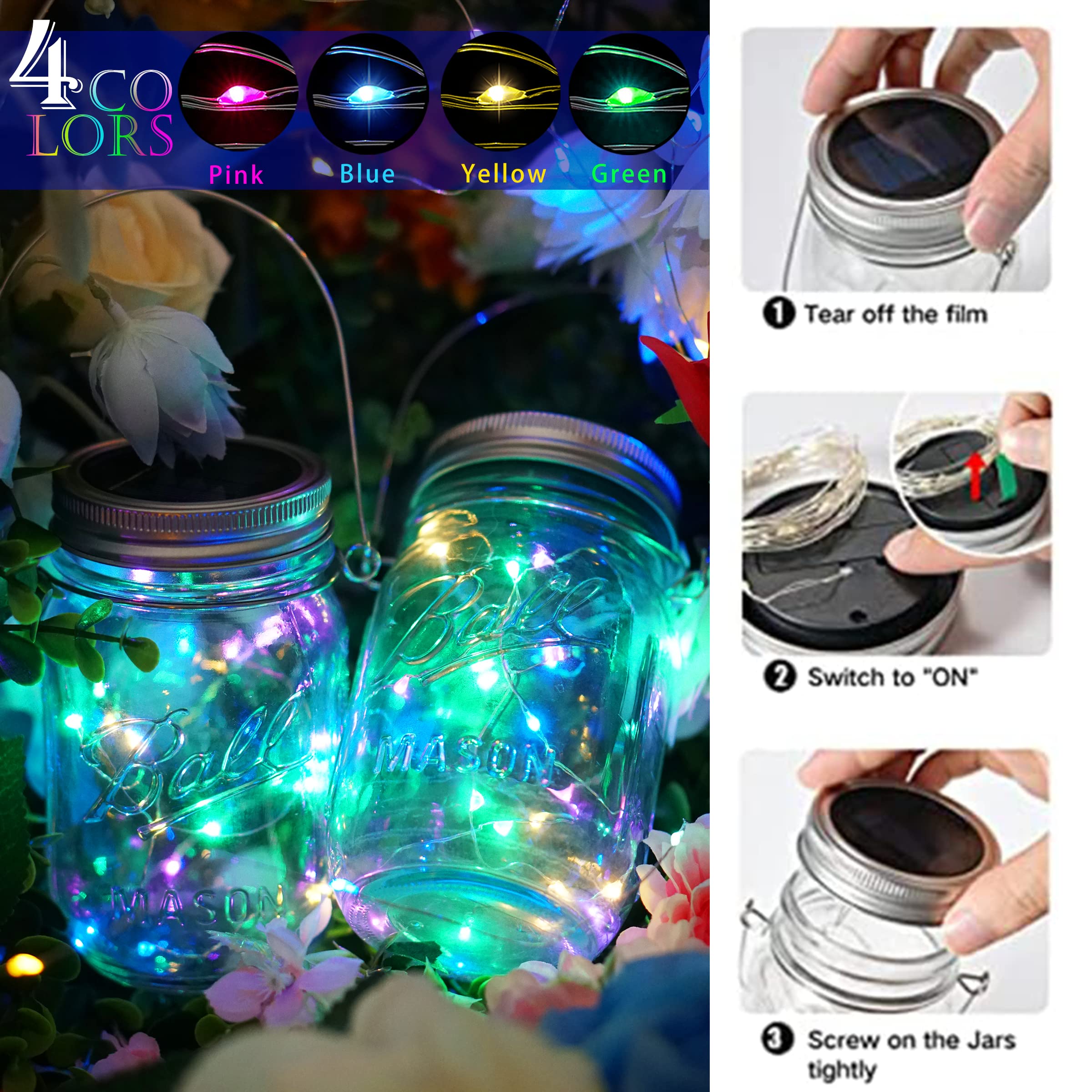 Sunkite 8 Pack Solar Mason Jar Lights, 15 Led Waterproof Fairy String Lights - Multicolor