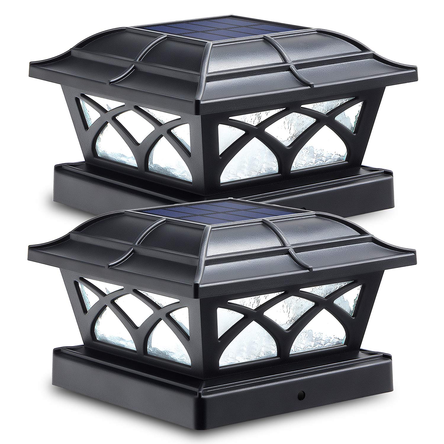 SIEDiNLAR Solar Post Cap Lights Outdoor Glass 2 Modes 8 LEDs for 4x4 5x5 6x6 Posts Deck Fence Patio Decoration Warm White/Cool White Lighting Black (2 Pack)